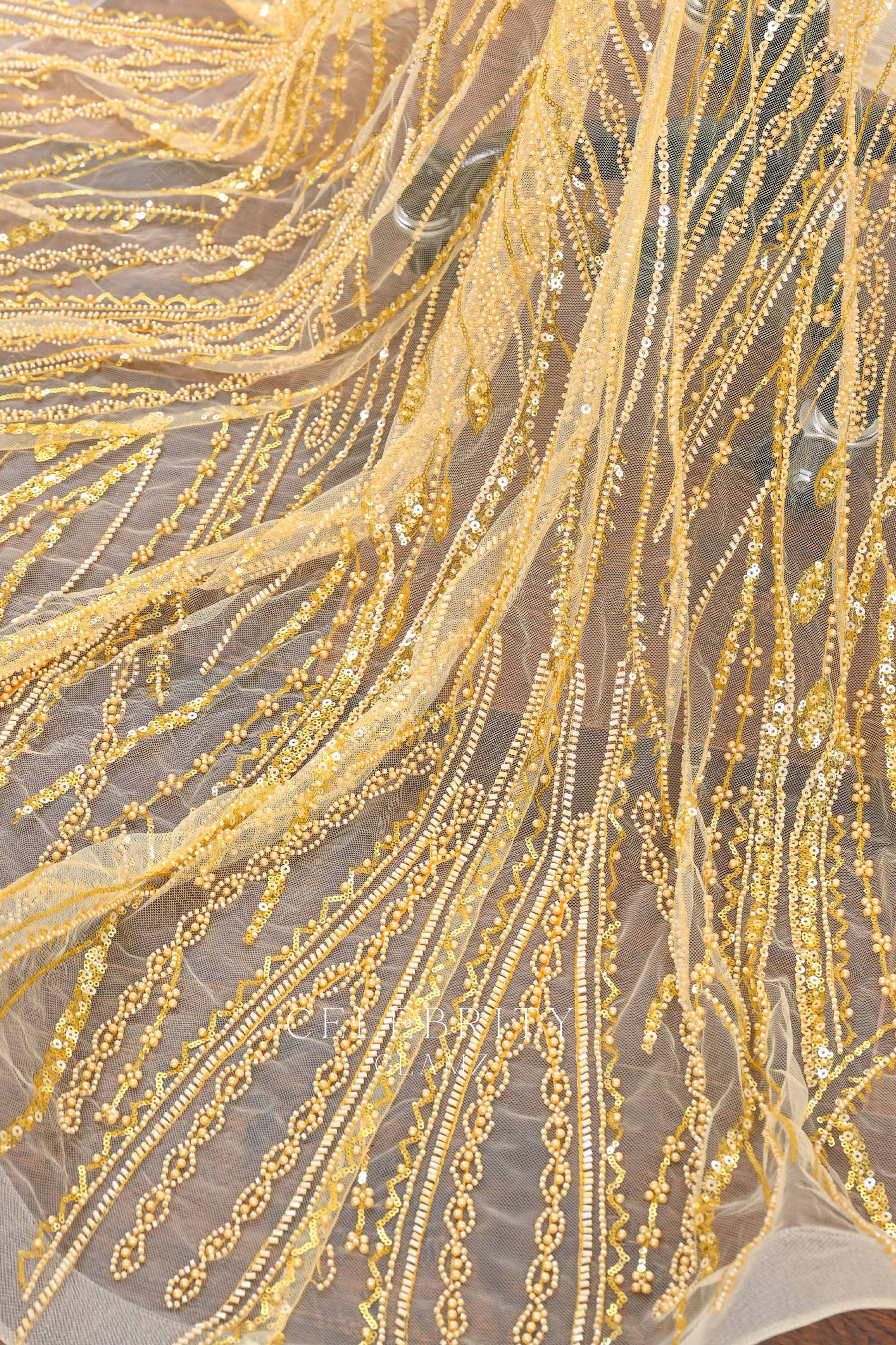 gold beaded illusion train prom dress