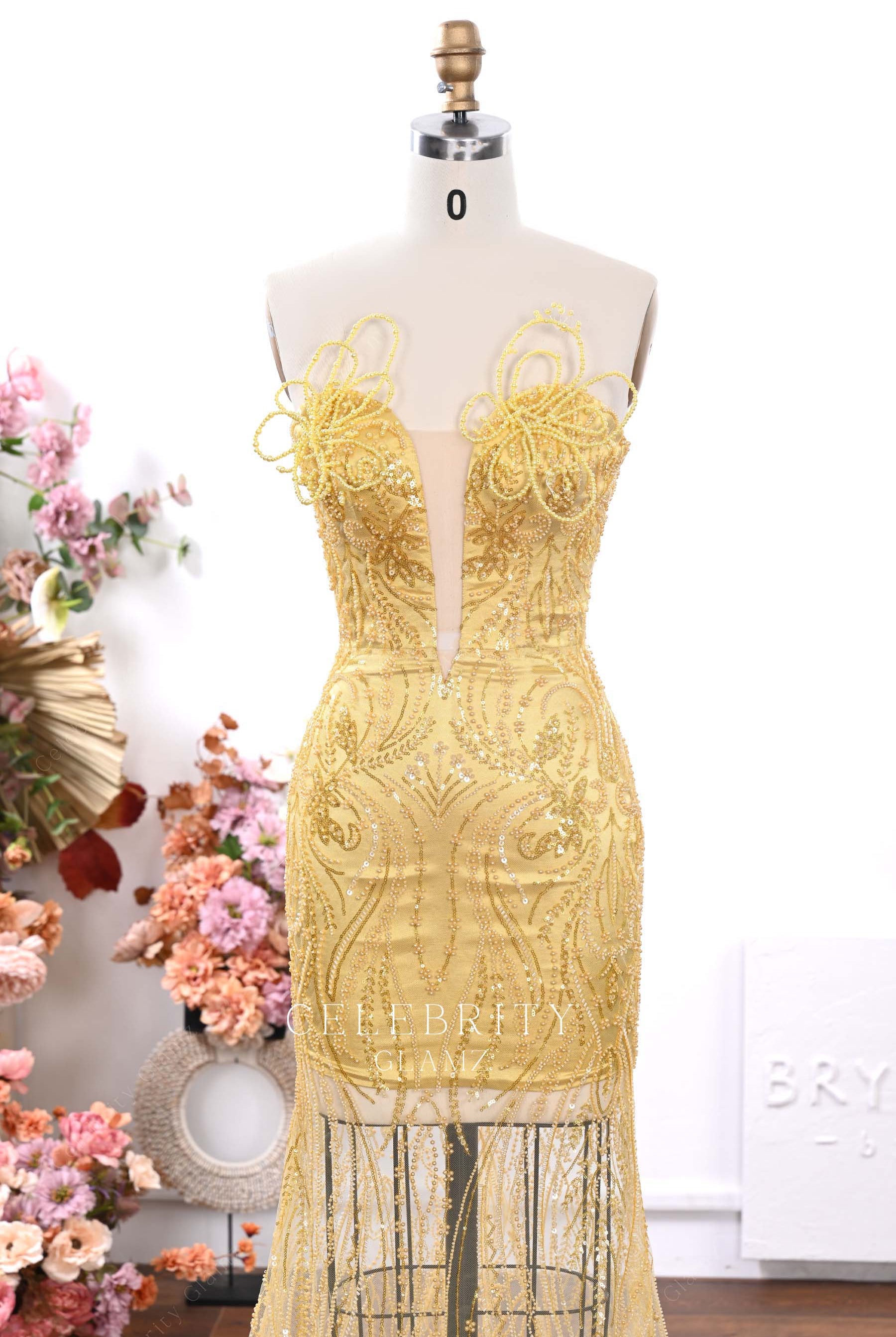 gold beaded sweetheart neck prom dress