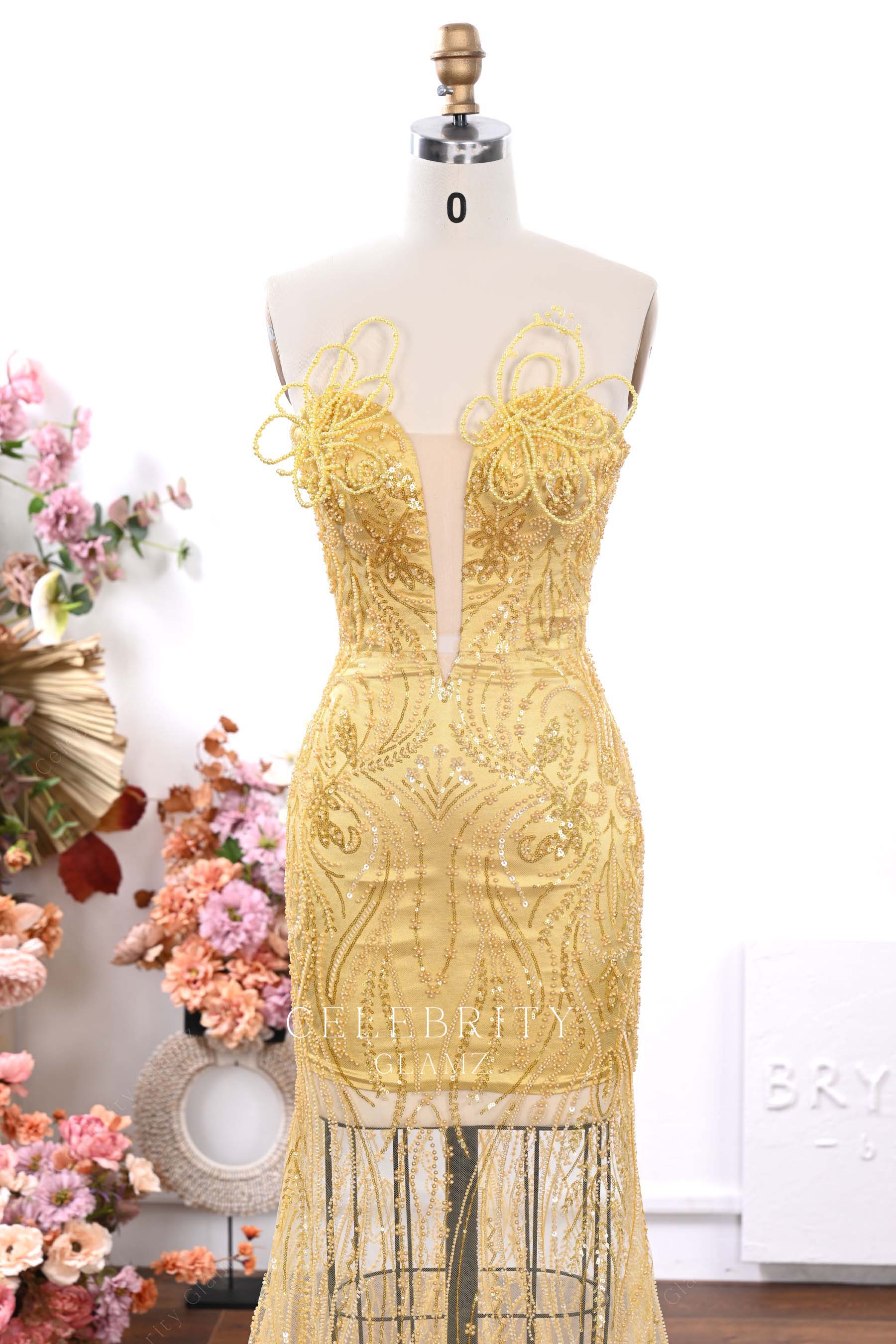gold beaded sweetheart neck prom dress