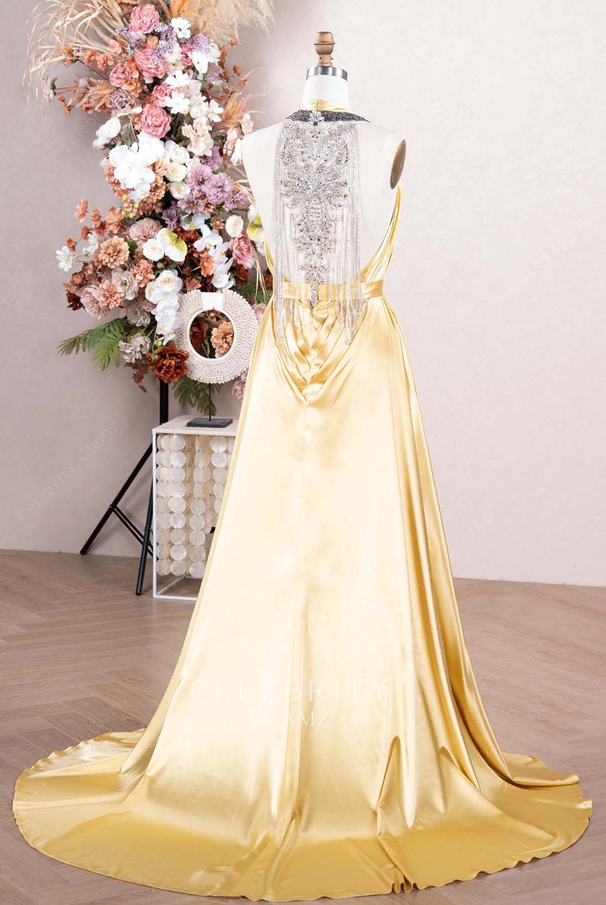 gold court train prom dress