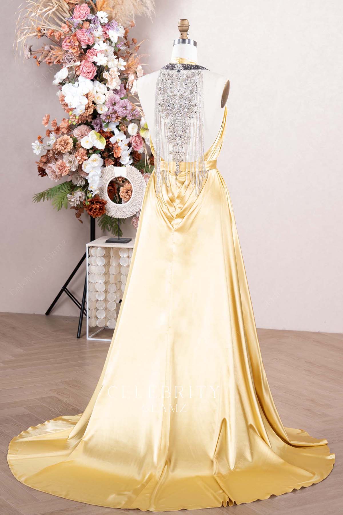 gold court train prom dress