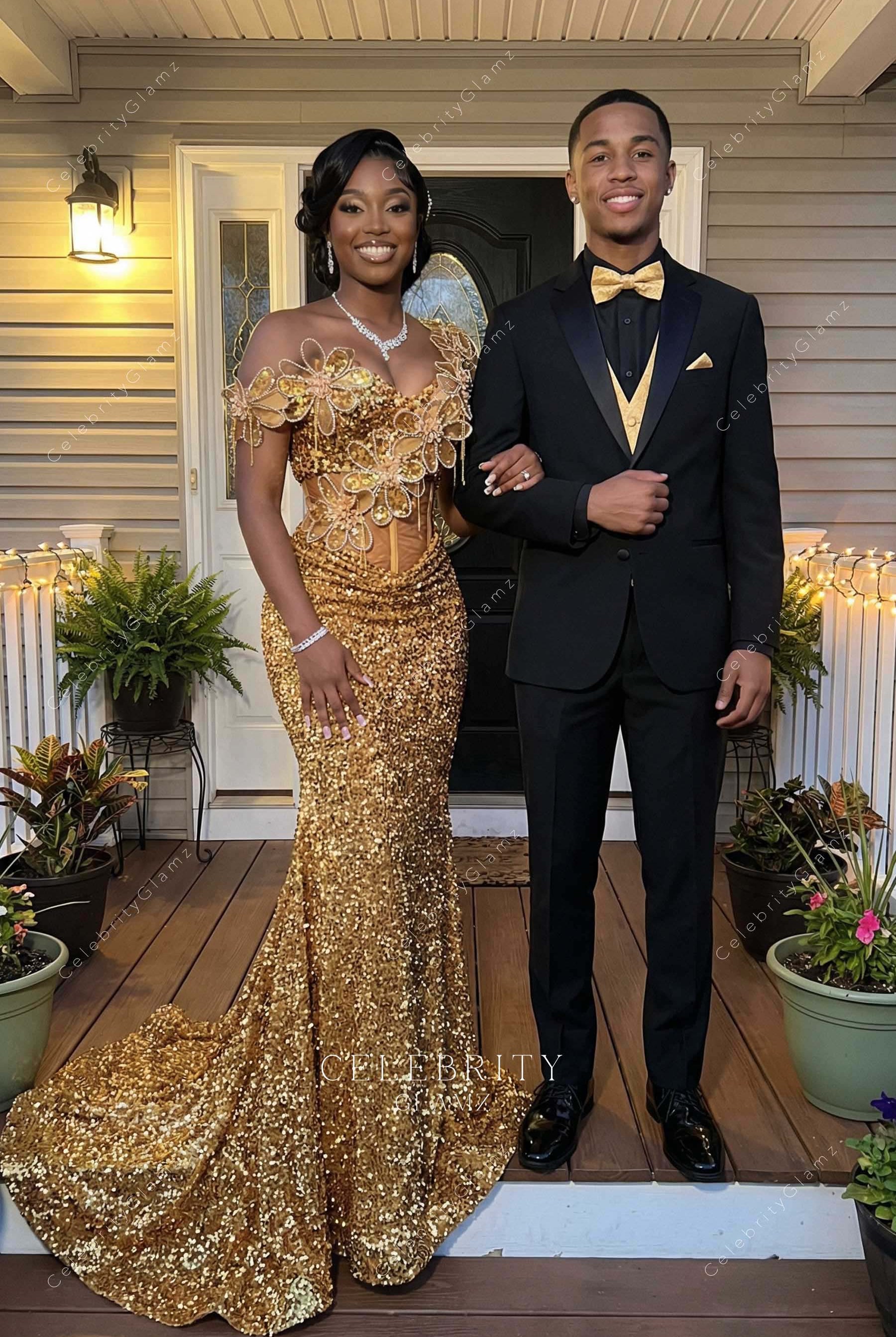 gold glitter mermaid prom dress