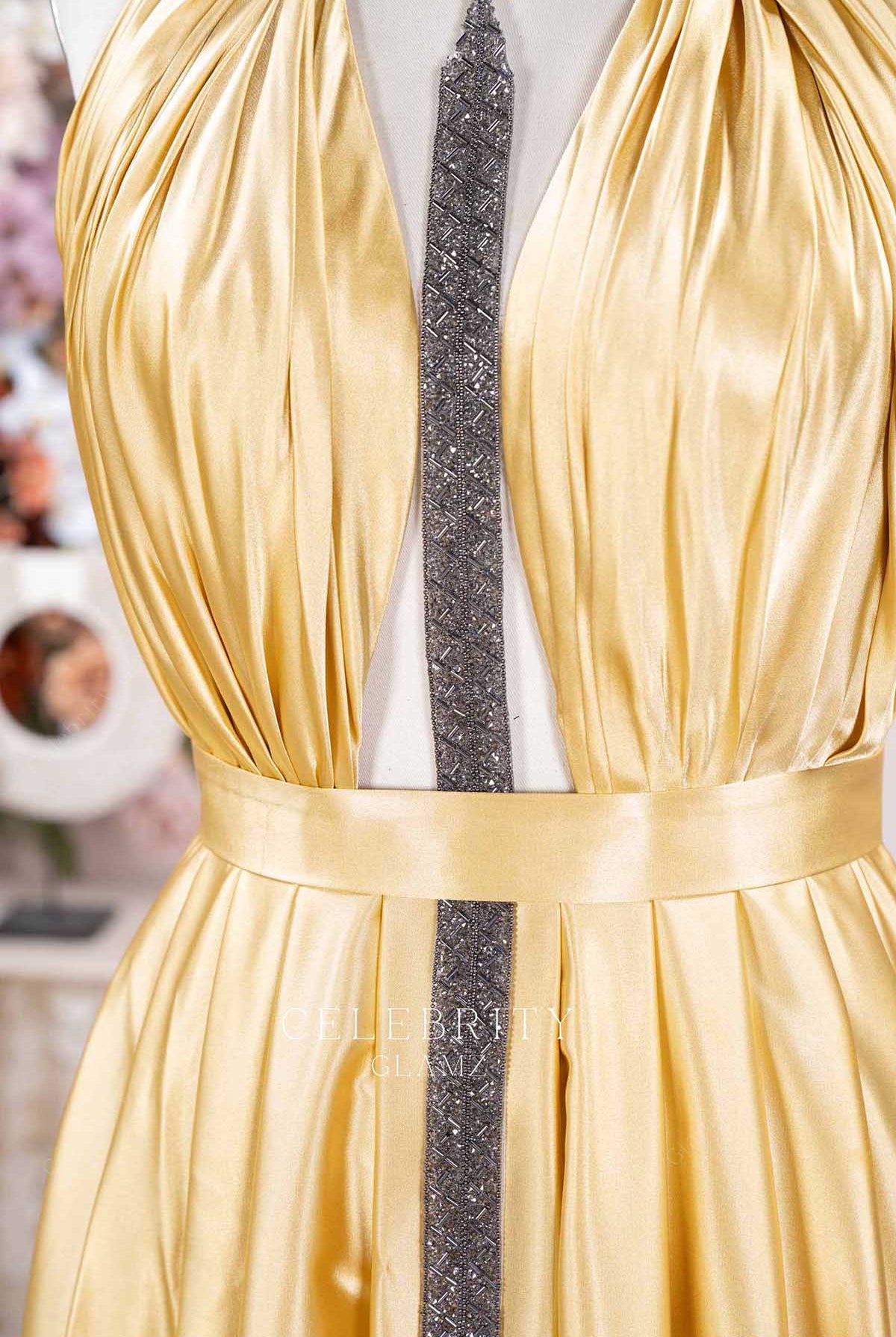 gold glossy satin prom dress