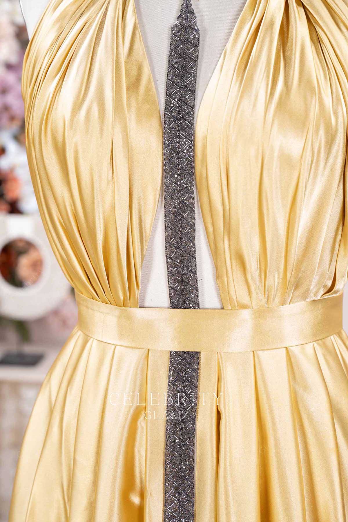 gold glossy satin prom dress