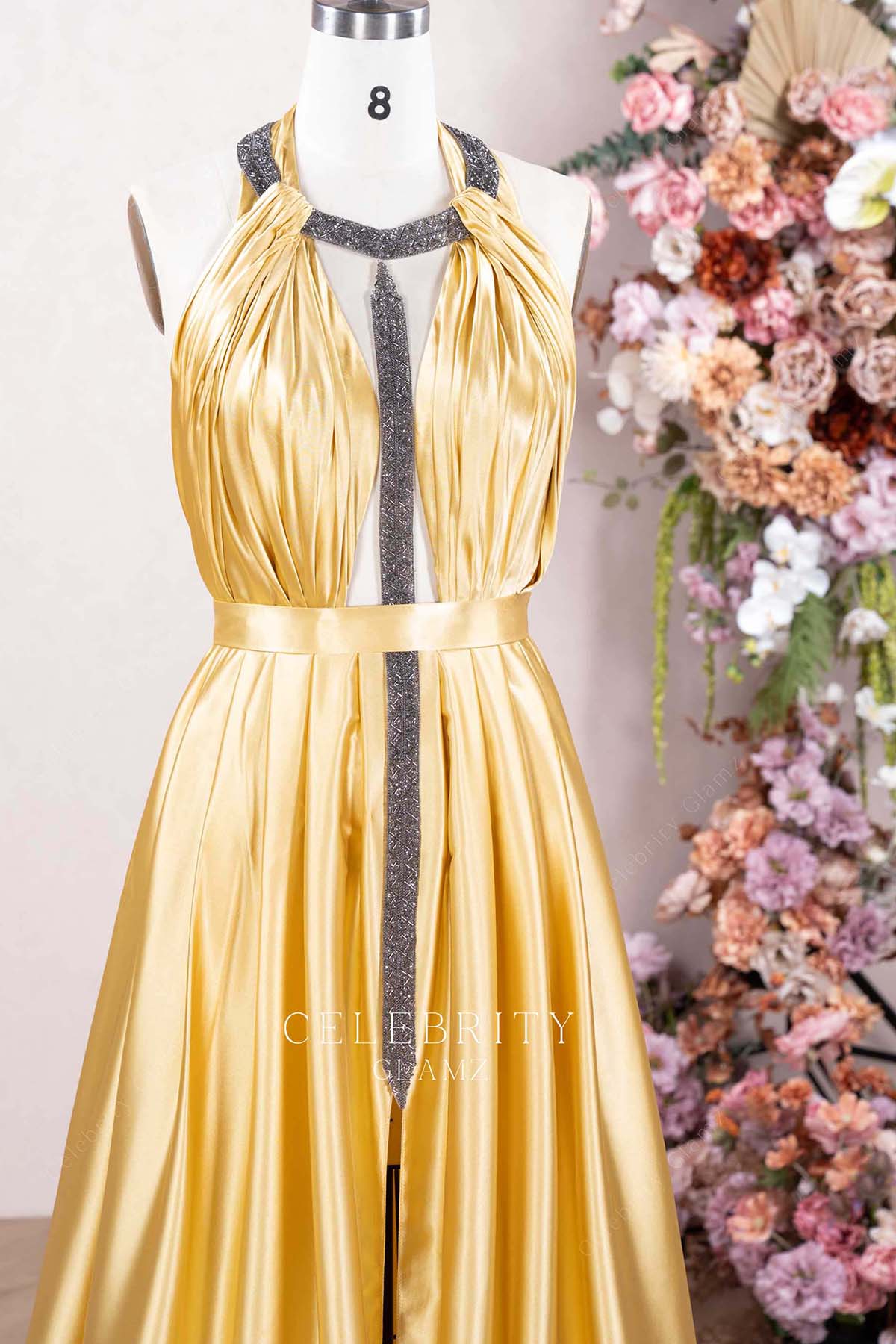 gold halter pleated prom dress
