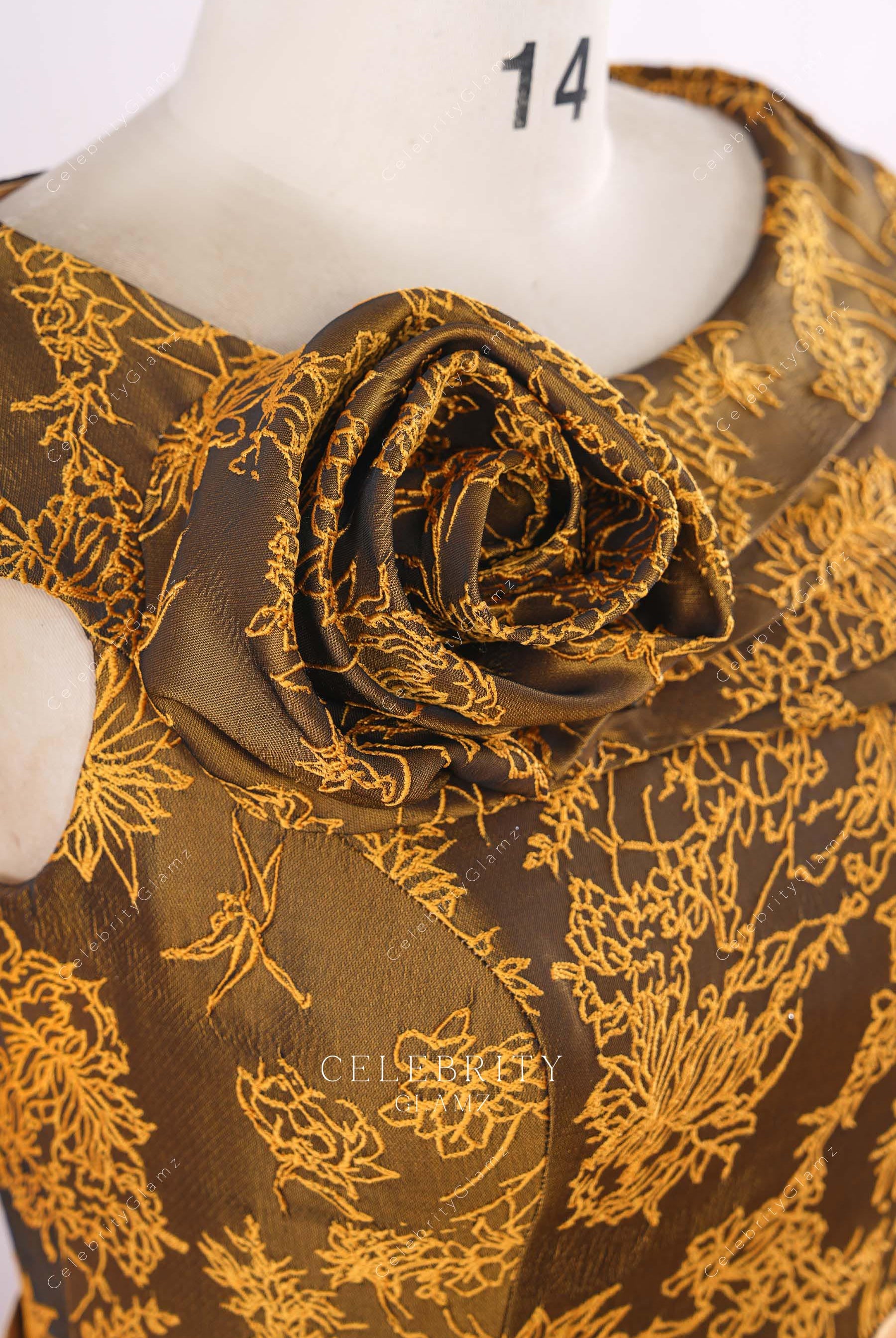 gold jacquard 3d floral mother of bride dress