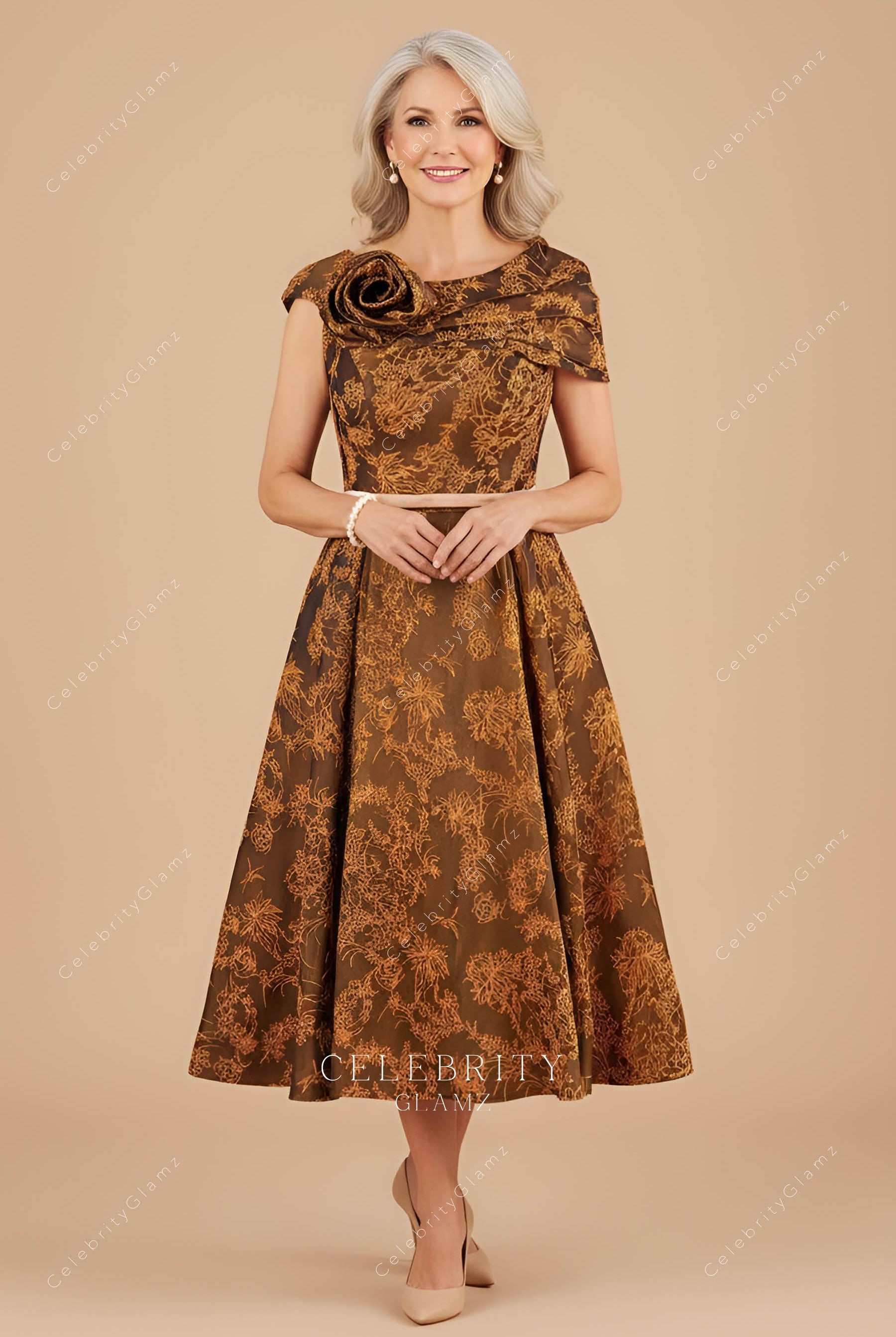 gold jacquard mother of bride dress
