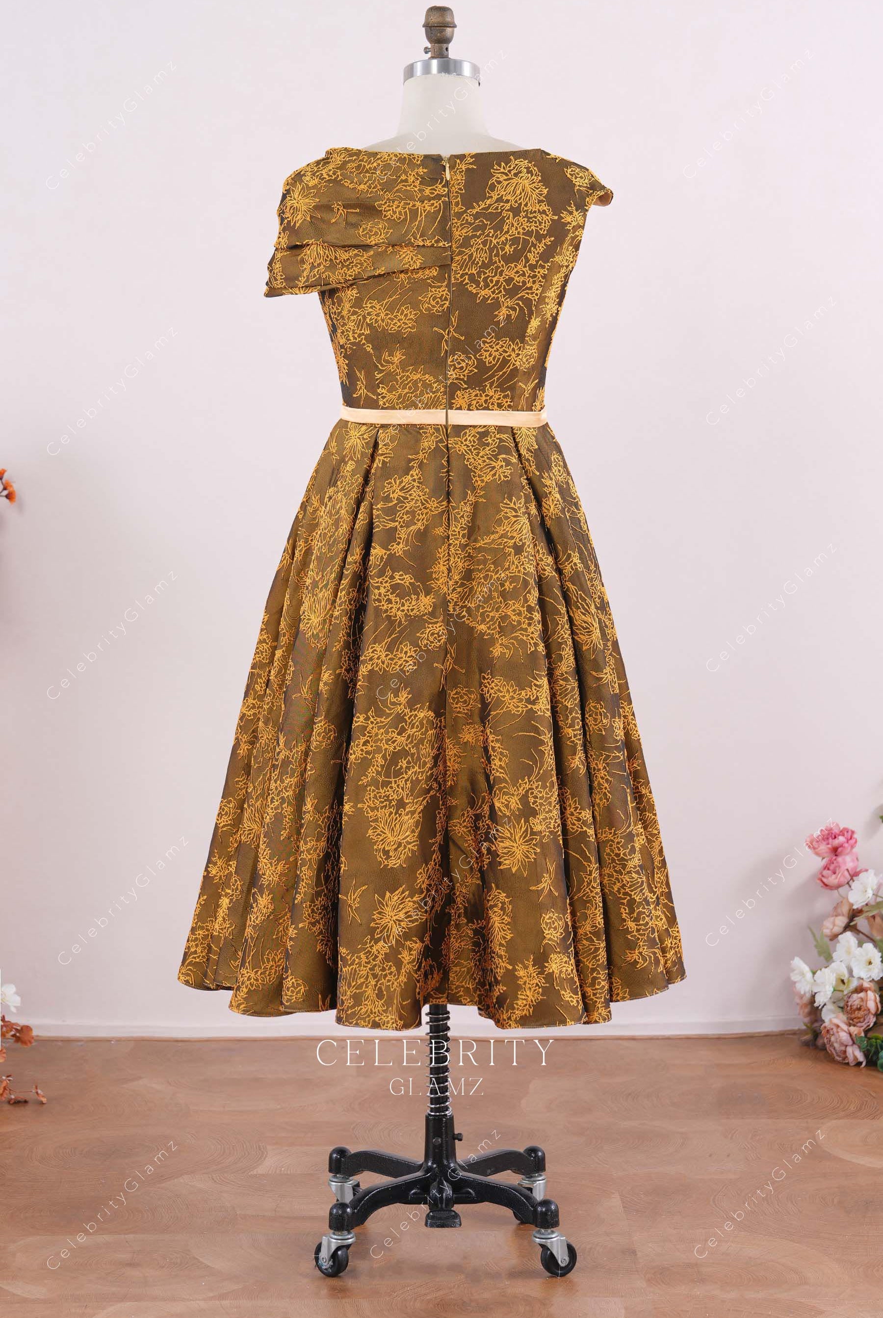 gold jacquard tea length mother of bride dress