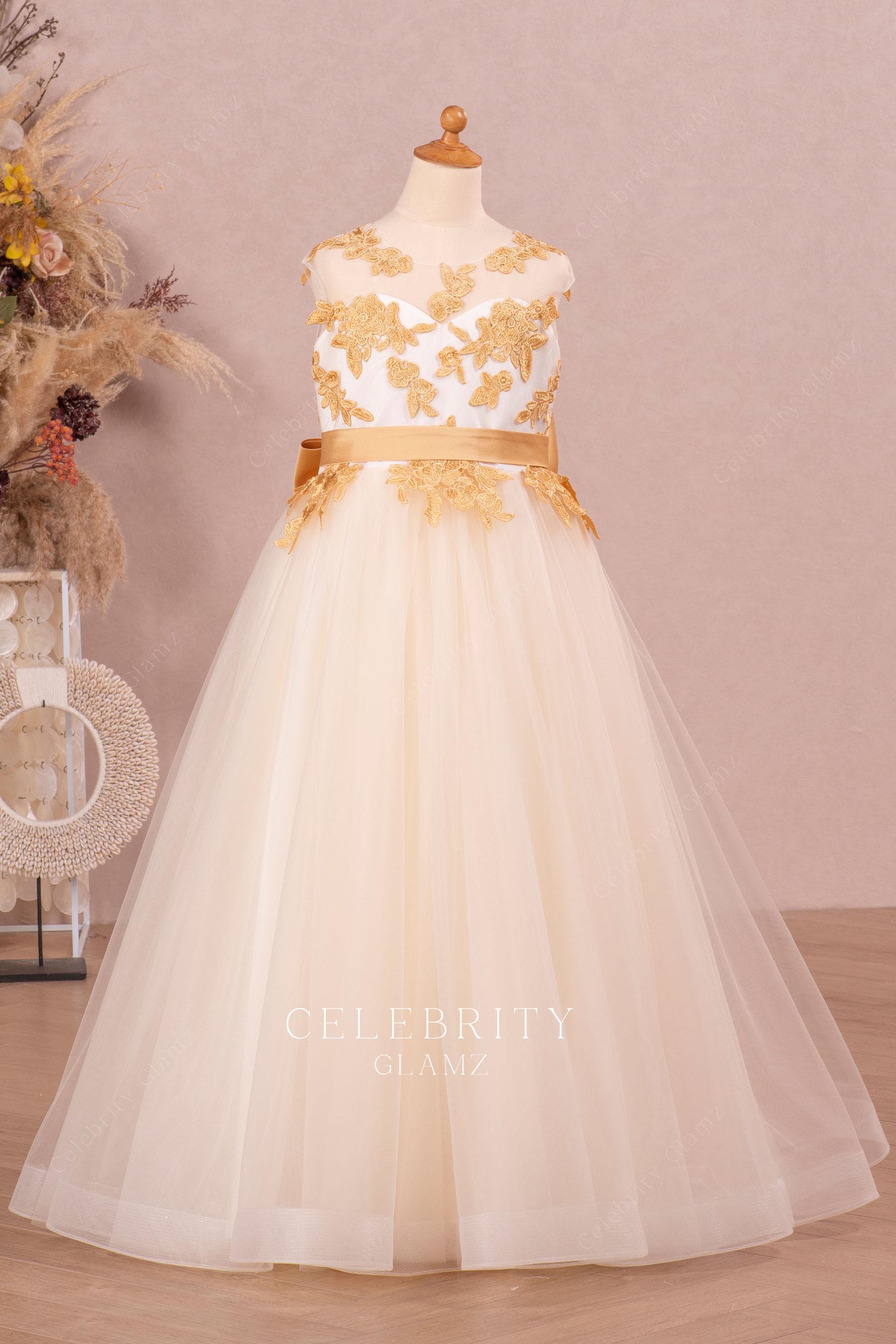 gold lace a line tulle flower girl dress