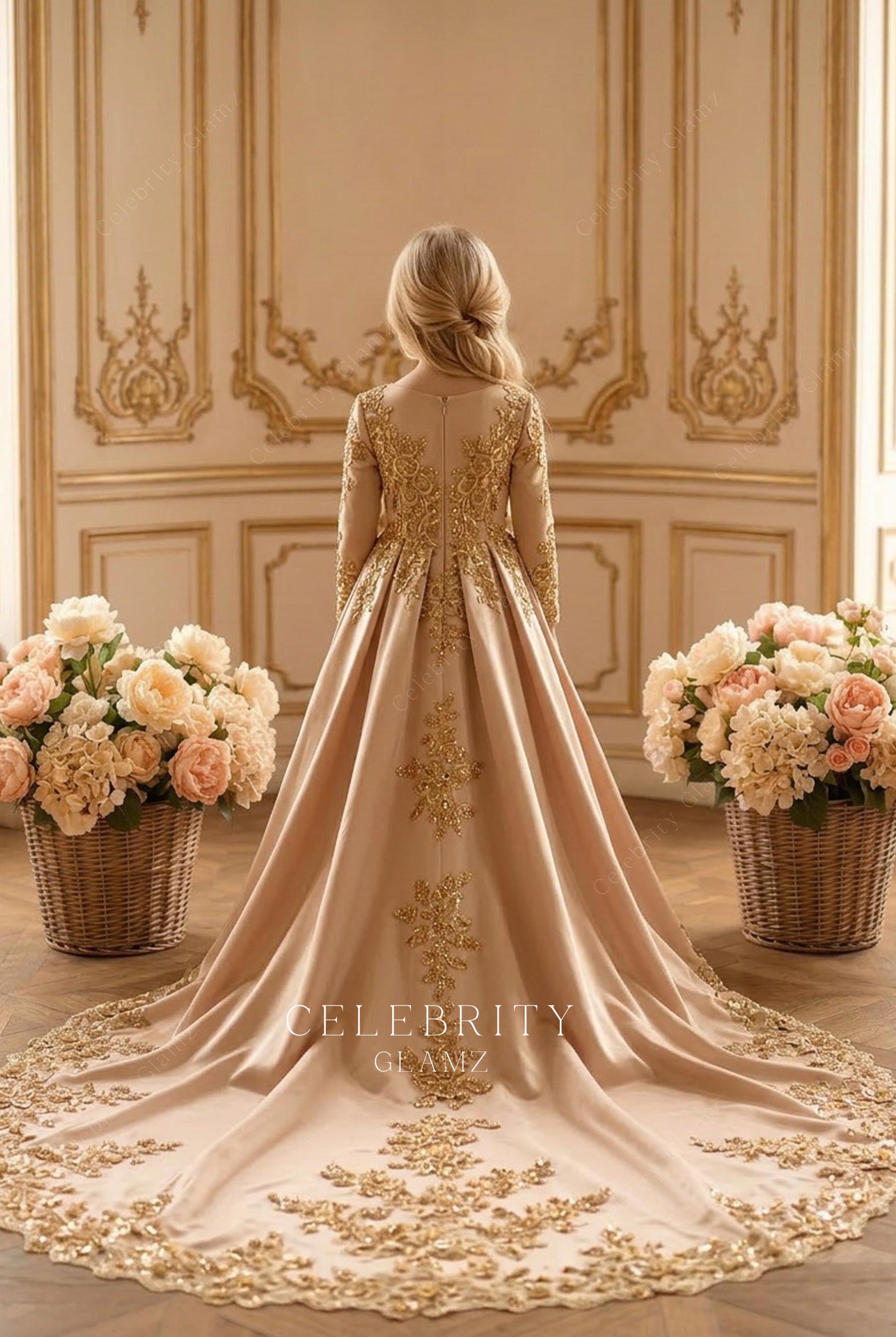 gold lace chapel train first communion dress