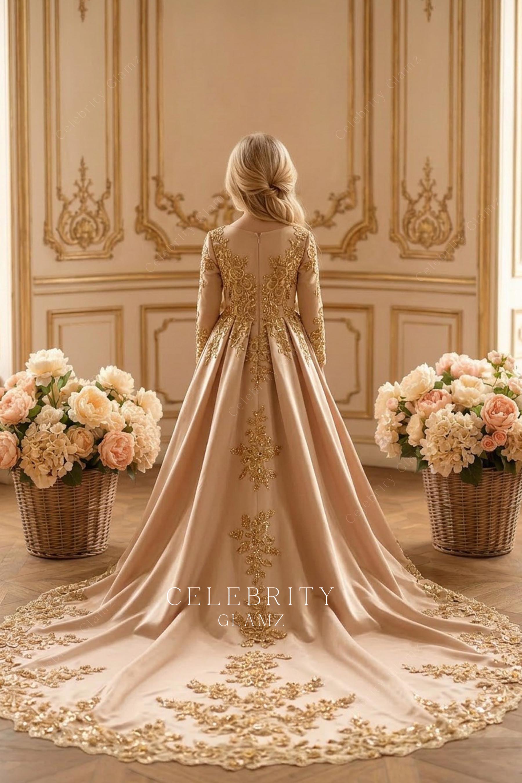 gold lace chapel train first communion dress