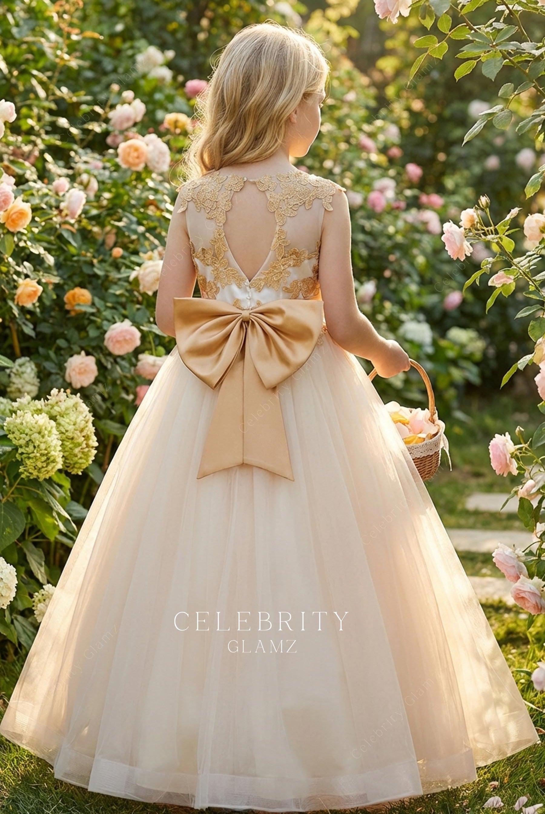 gold lace floor length flower girl dress