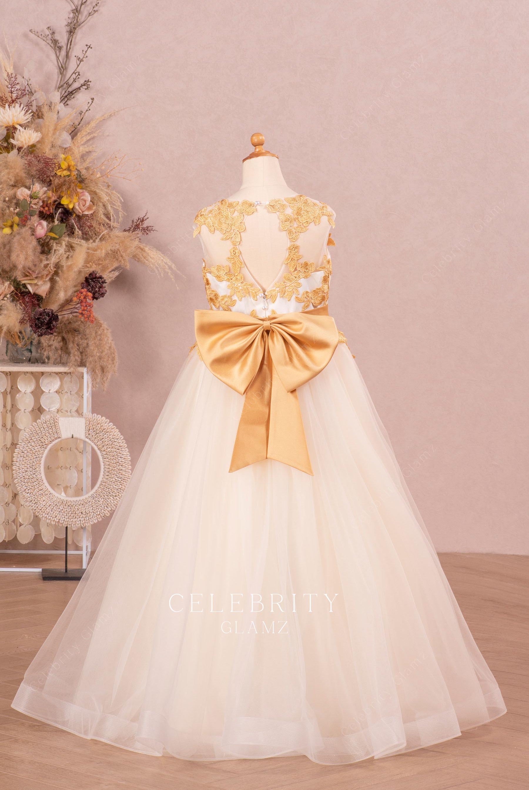 gold lace ivory tulle big bowknot flower girl dress