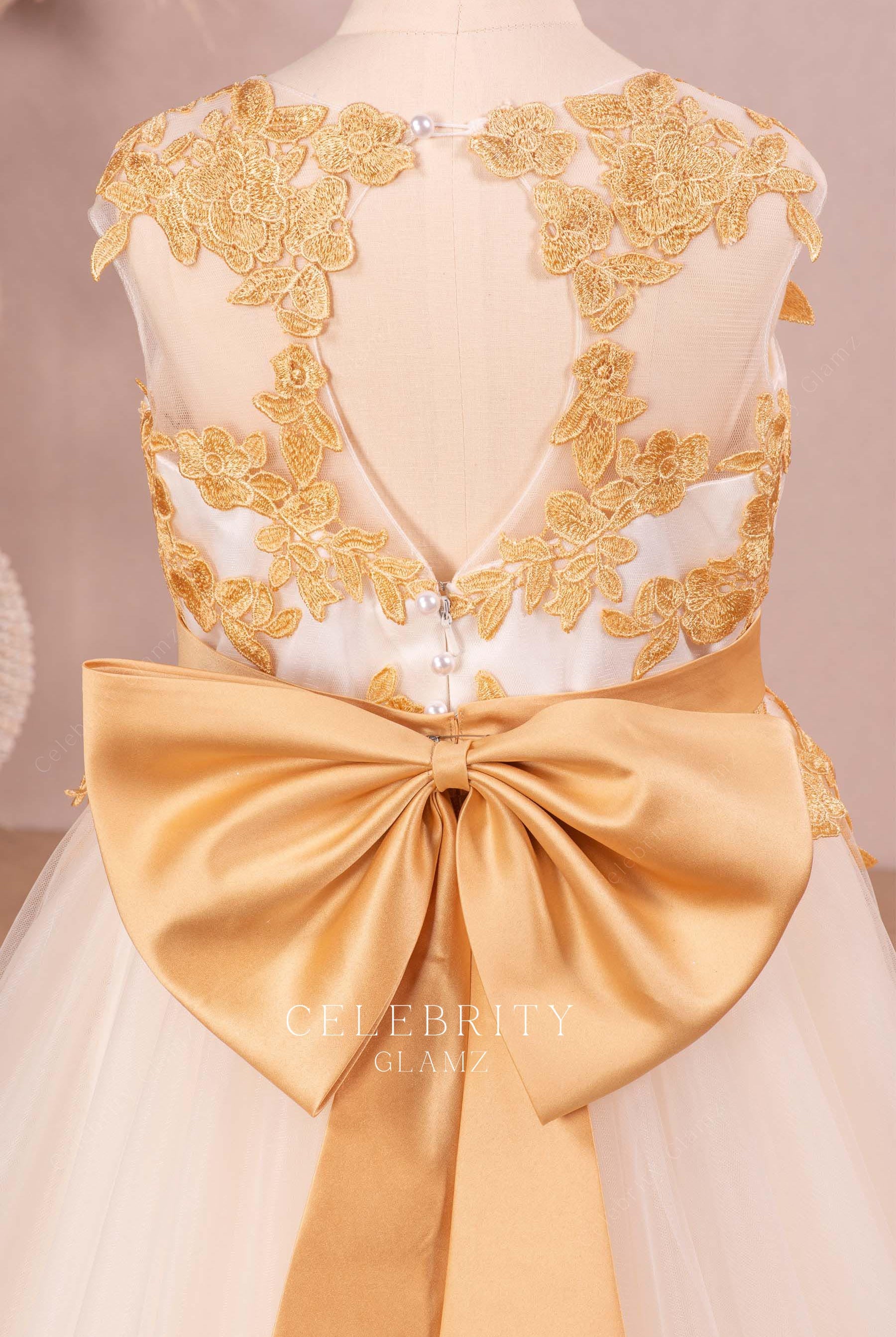 gold lace keyhole back flower girl dress