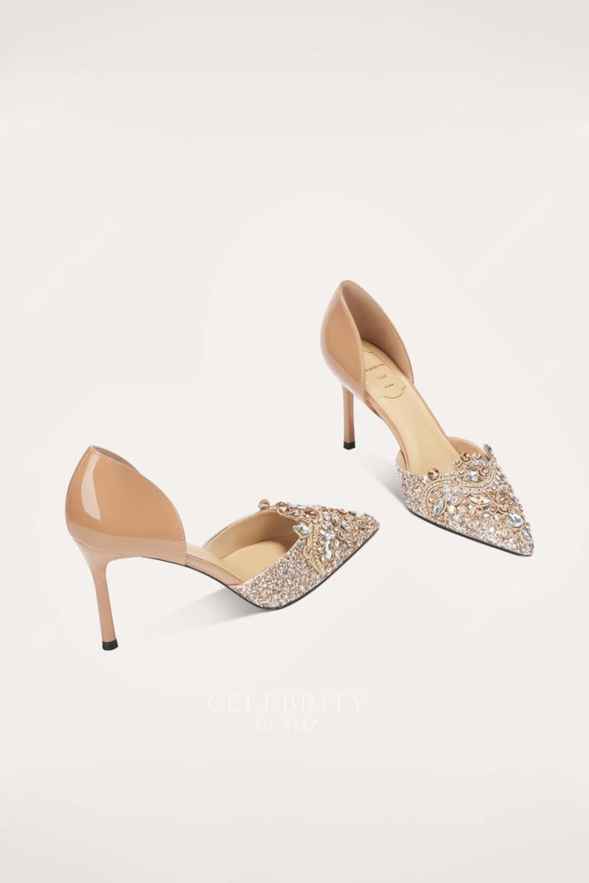 gold rhinestones heeled wedding shoes
