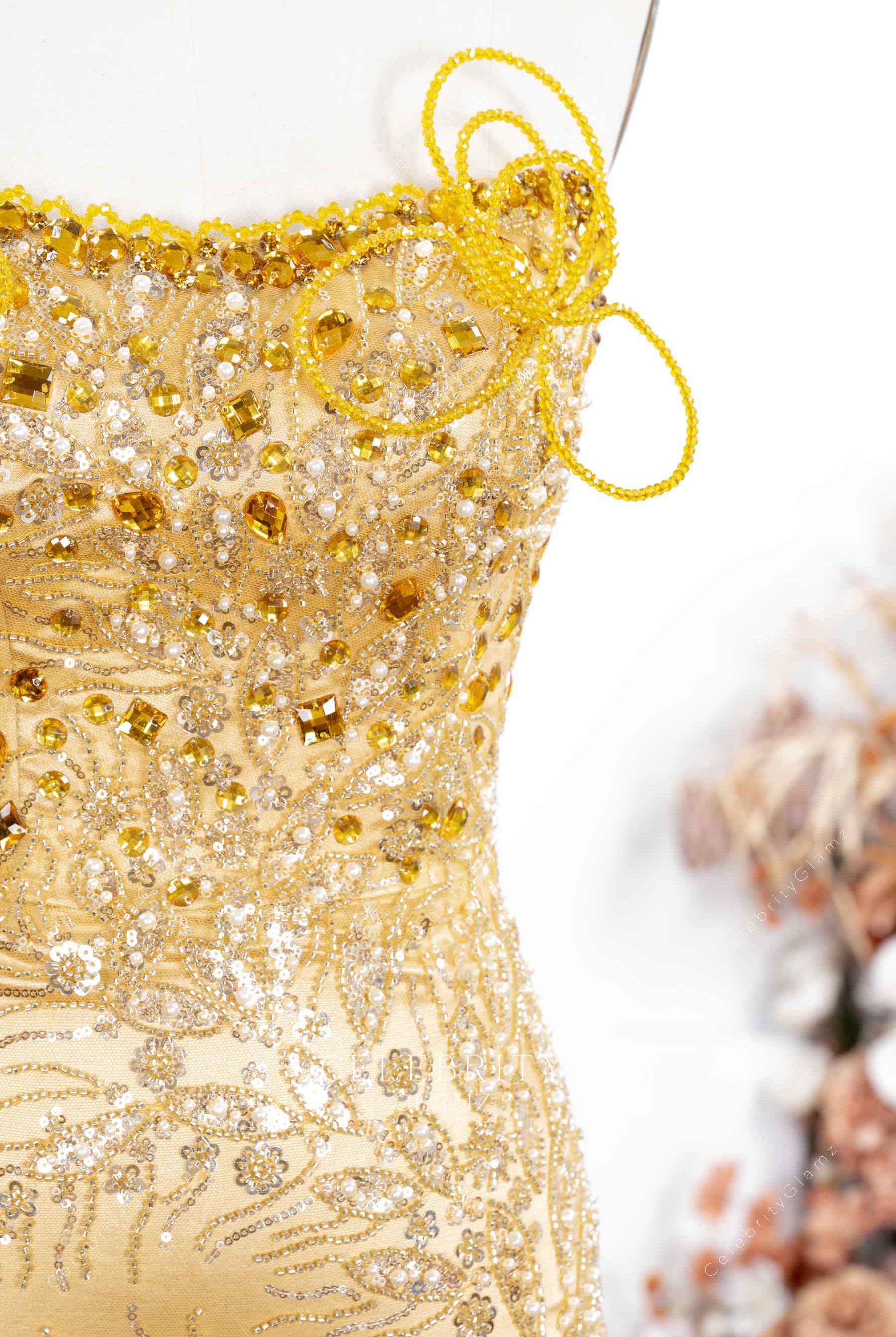 gold rhinestones strapless prom dress