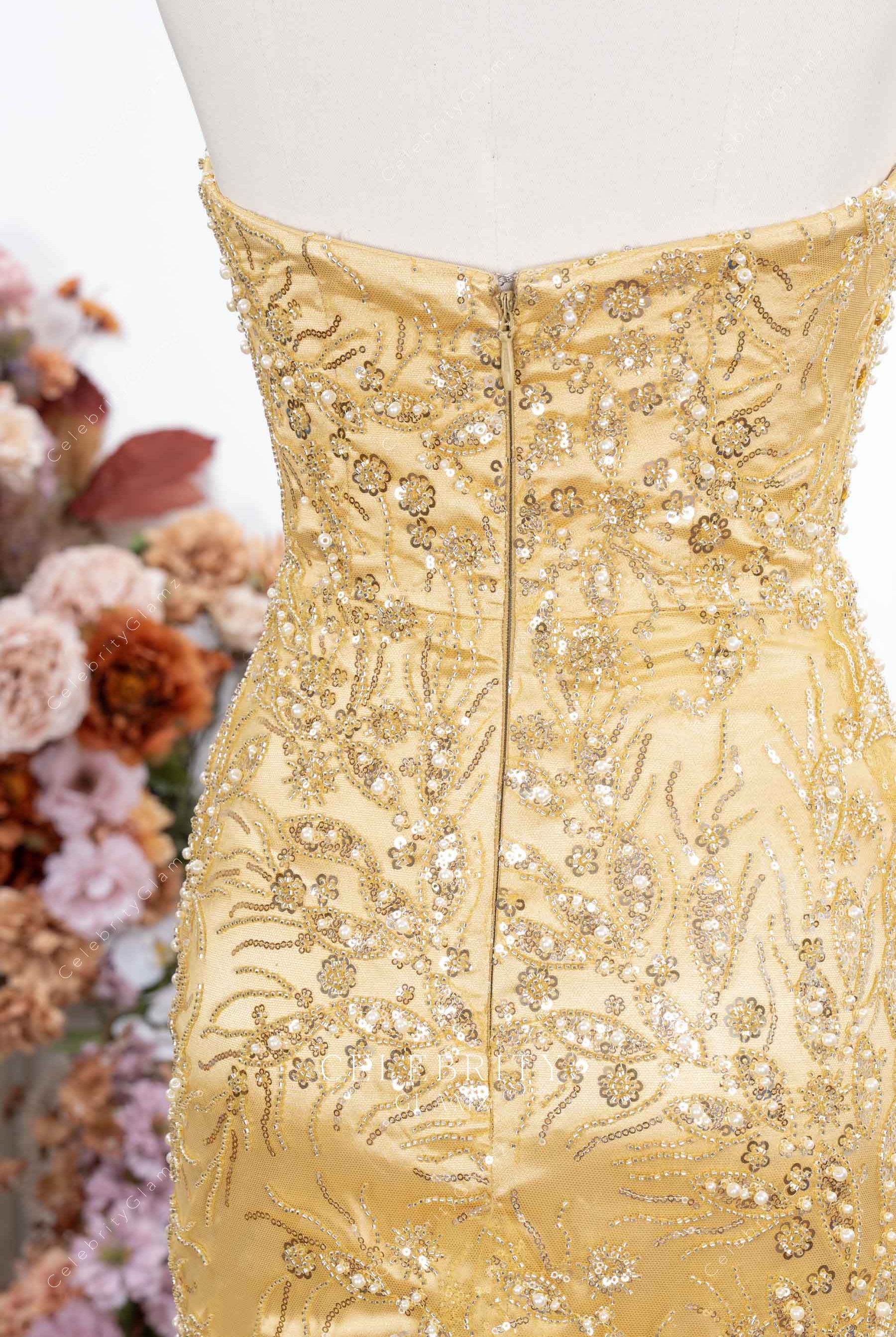 gold sequin backless prom dress