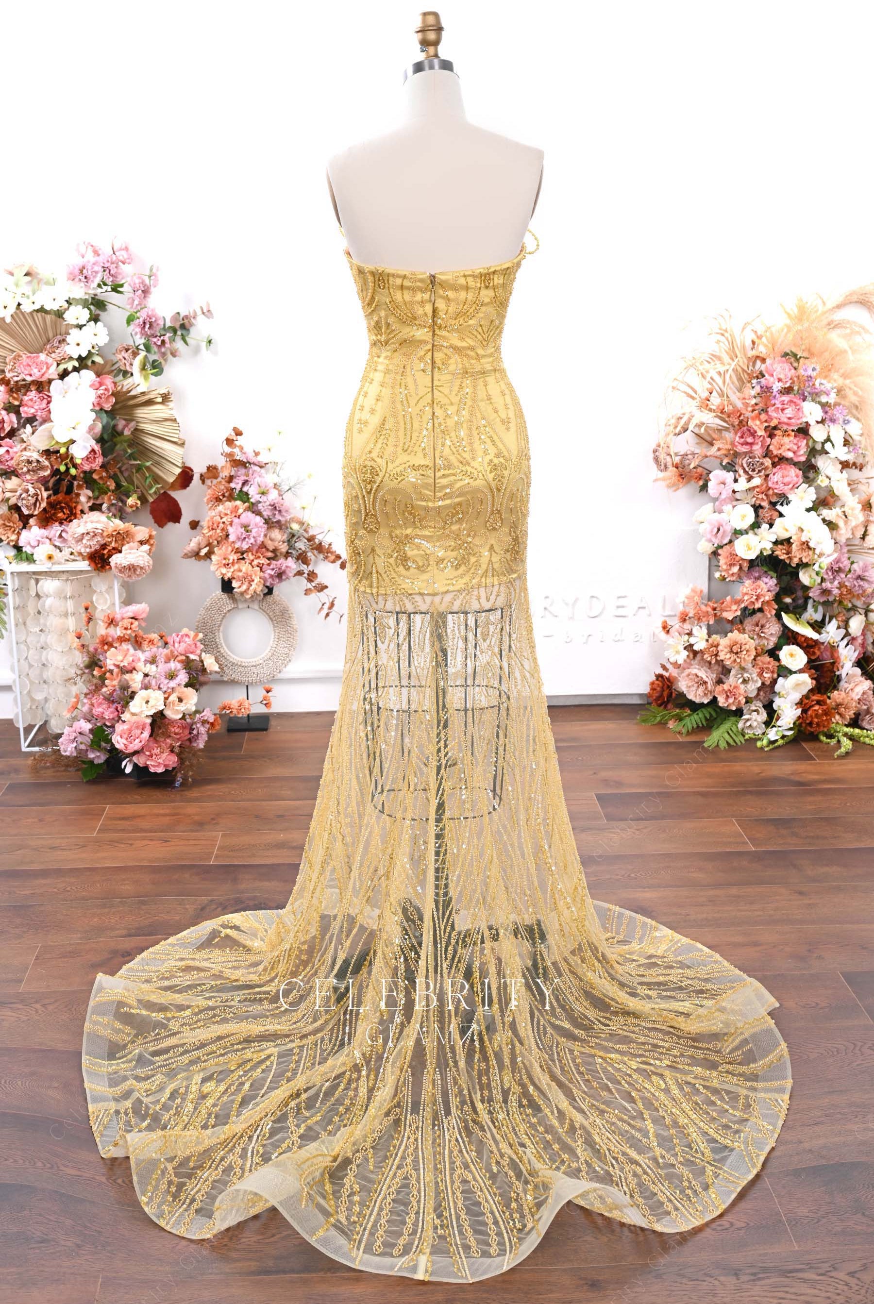 gold sequin court train prom dress