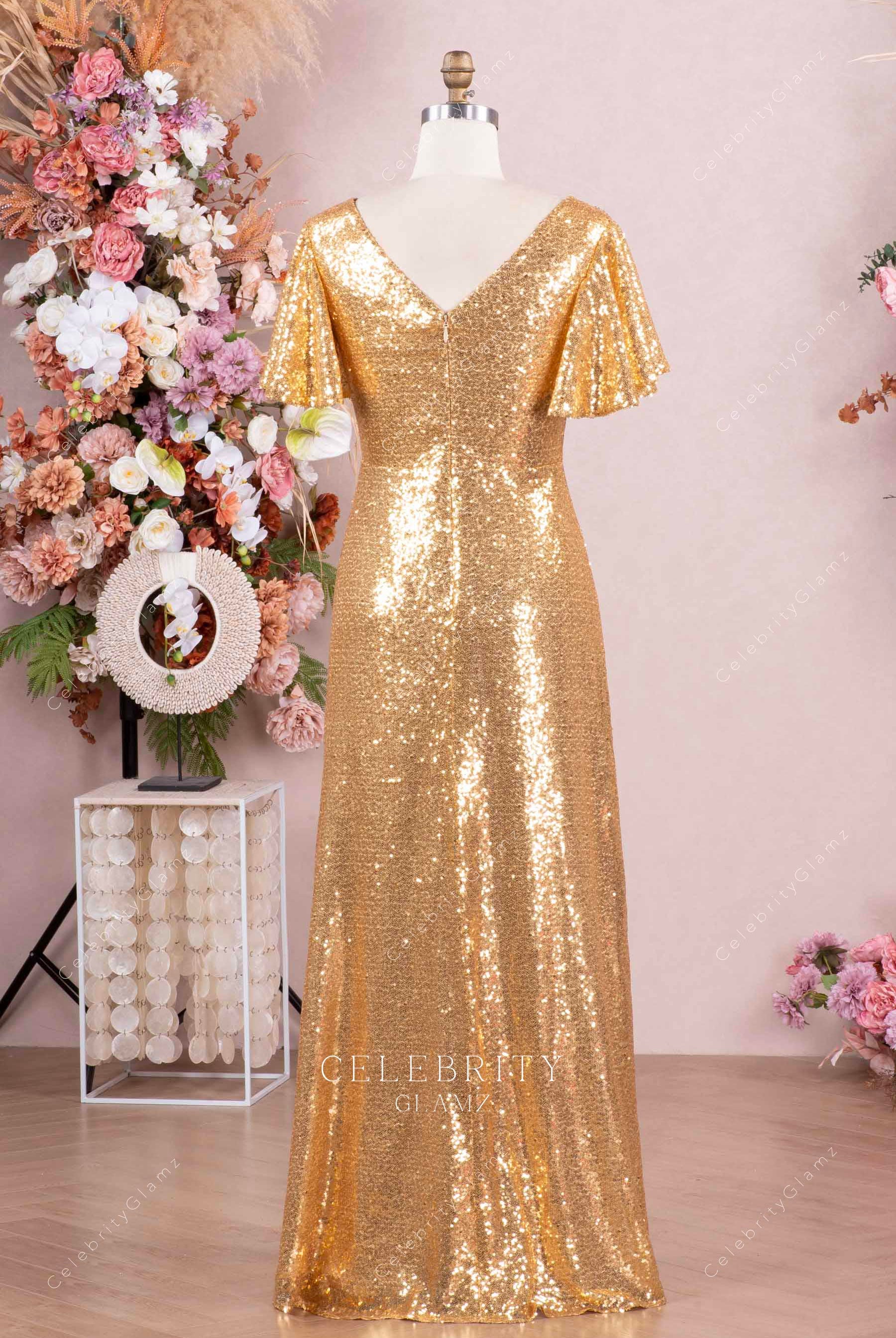 gold sequin floor length mother of bride dress