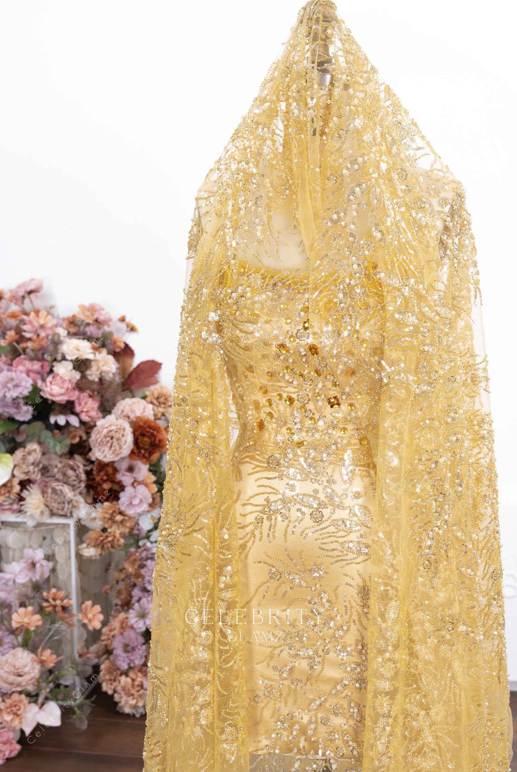 gold sequin headpiece prom dress