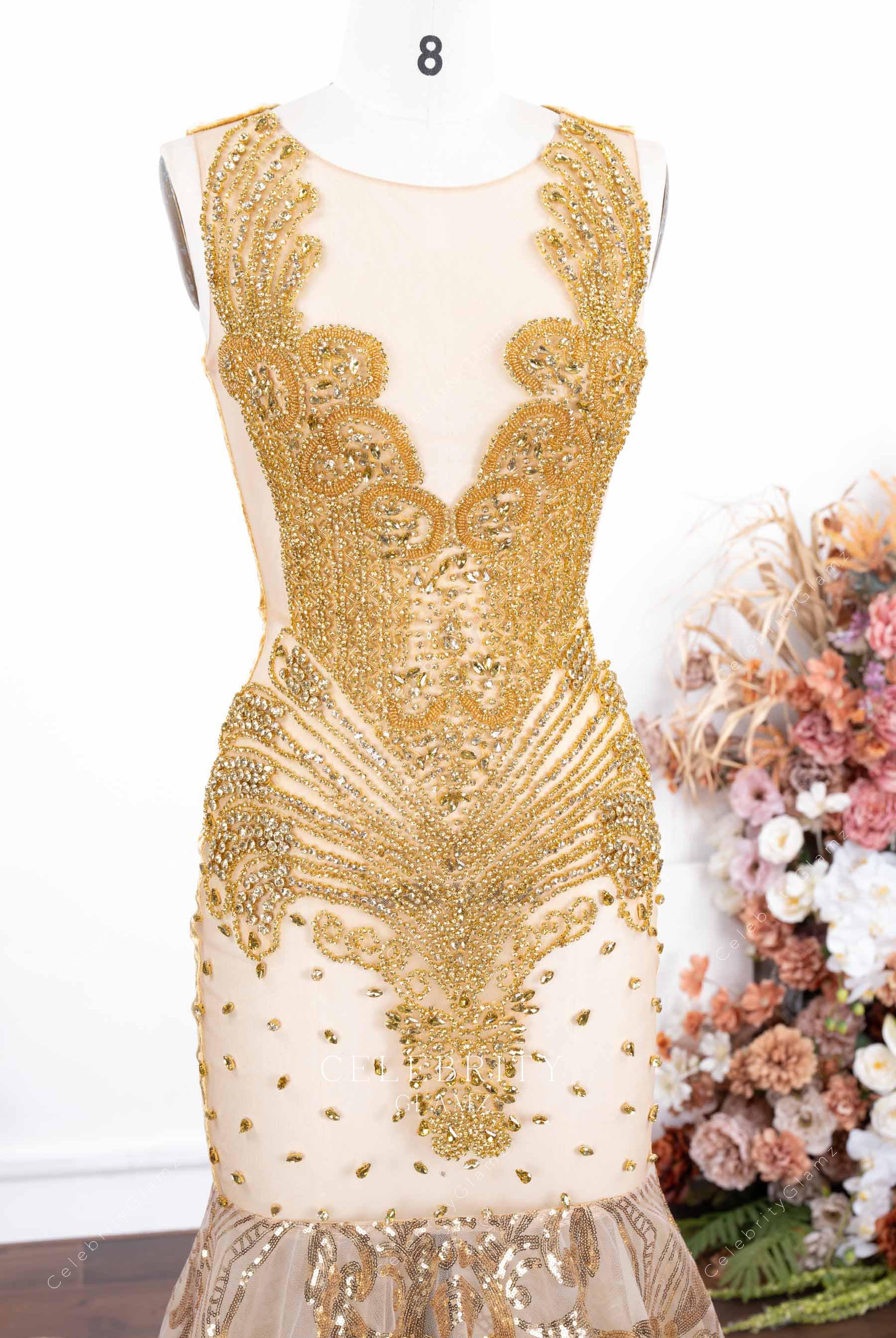 gold sequin illusion plunging neck prom dress