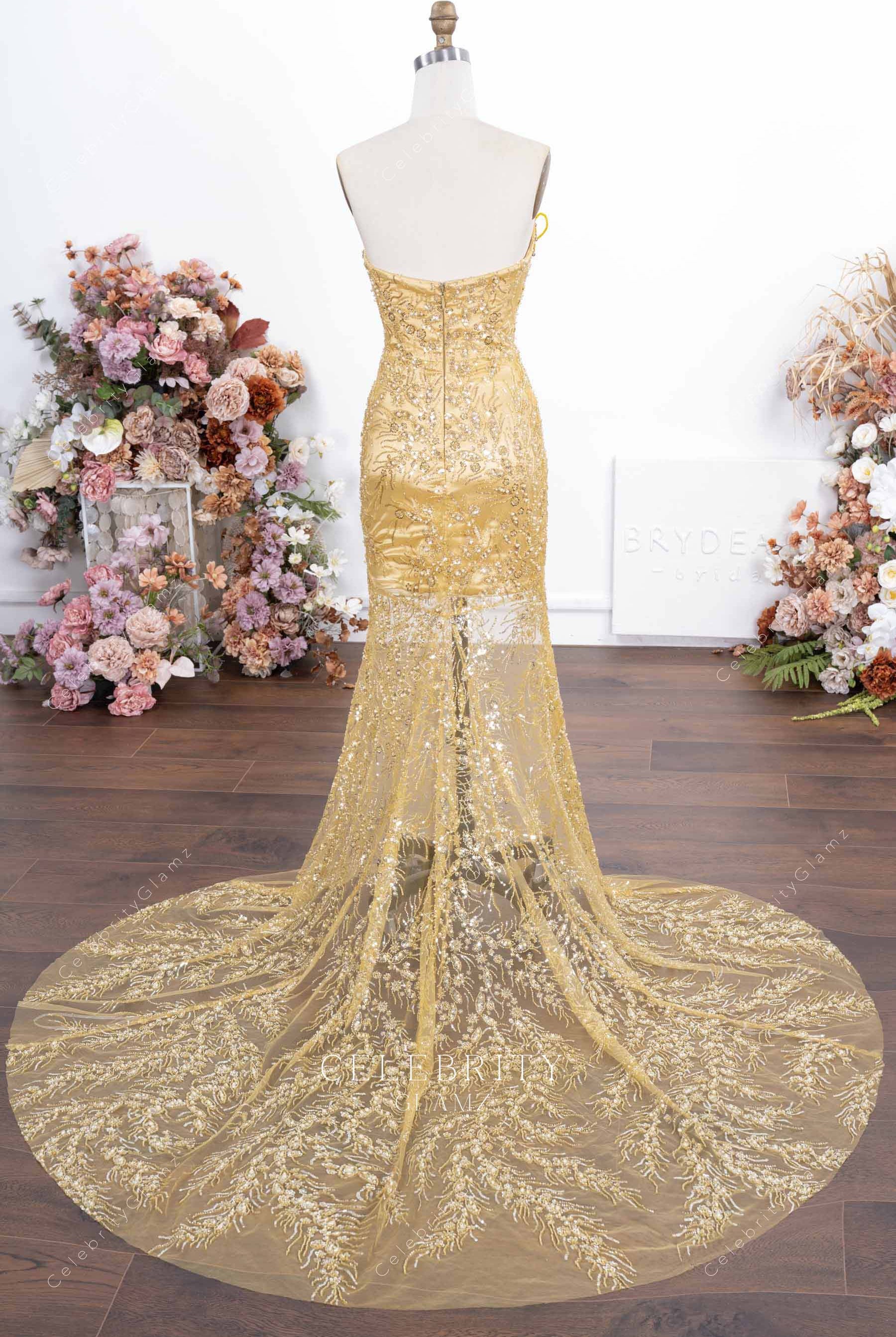 gold sequin illusion train prom dress