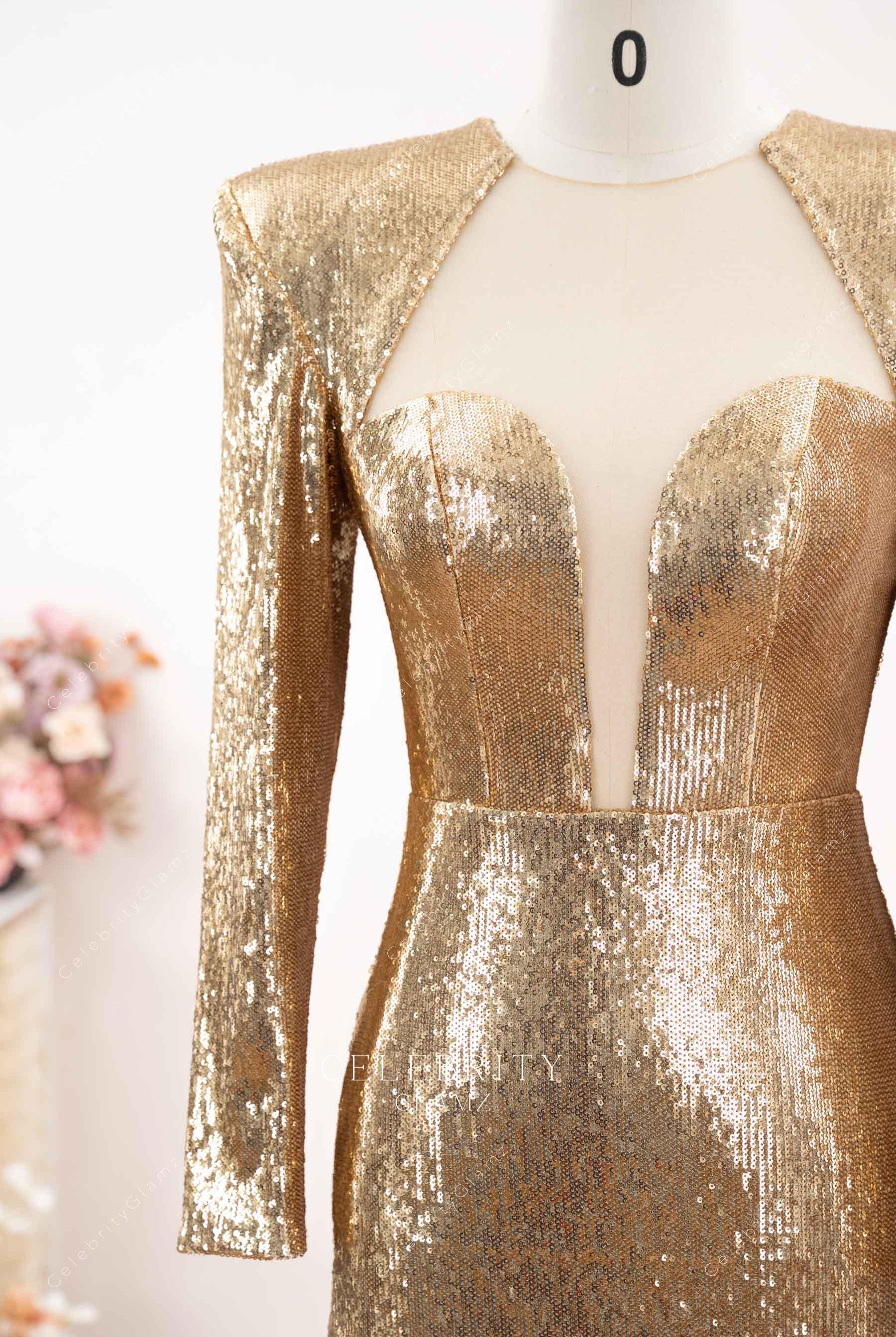 gold sequin pad shoulder prom dress