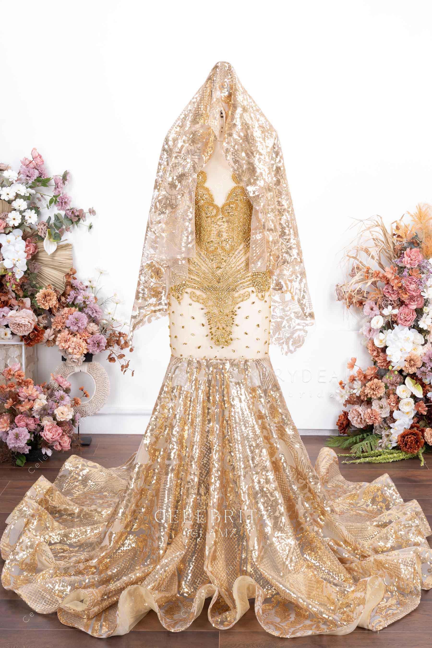 gold sequin shawl prom dress