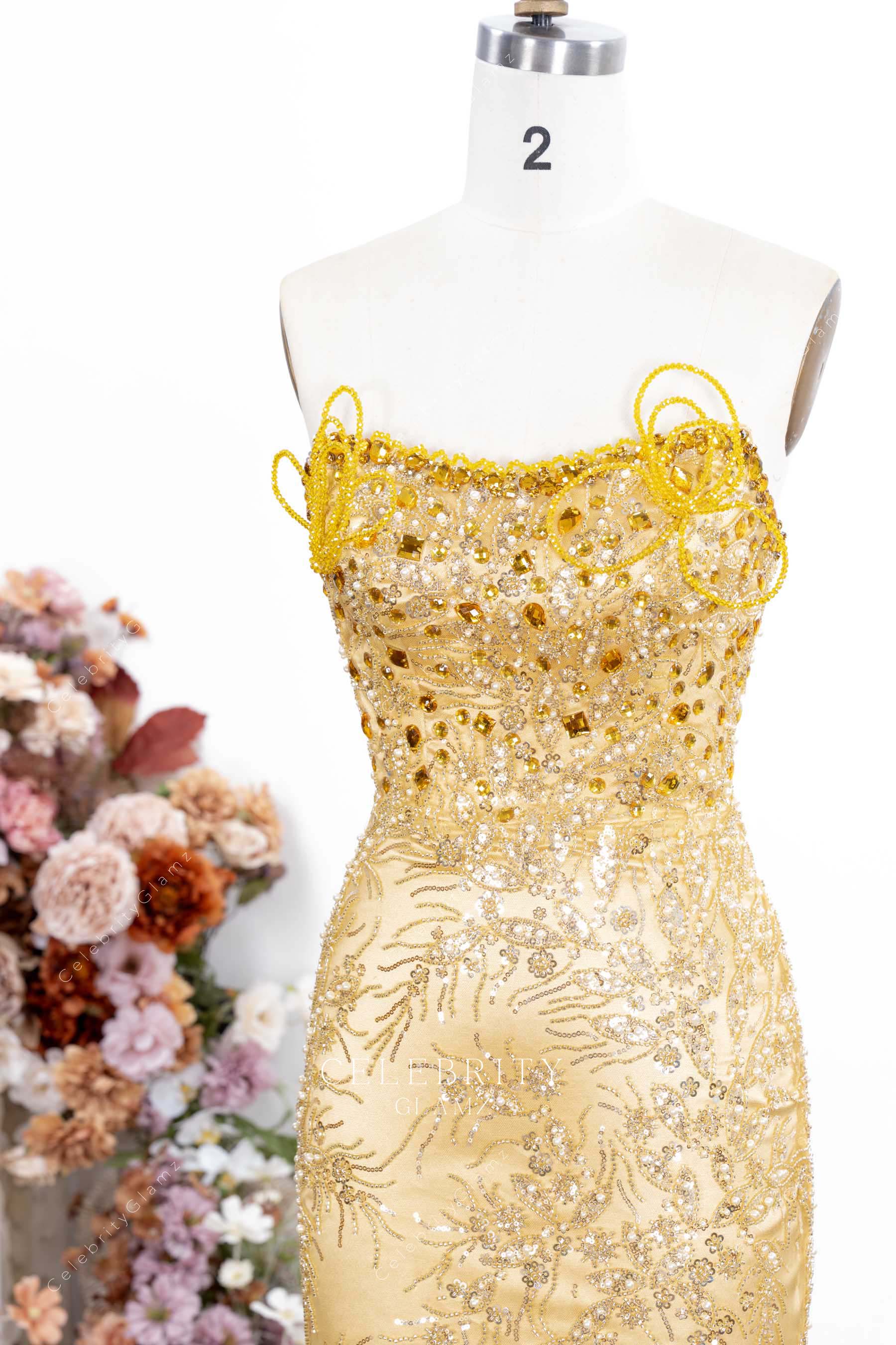 gold sequin strapless v neck prom dress