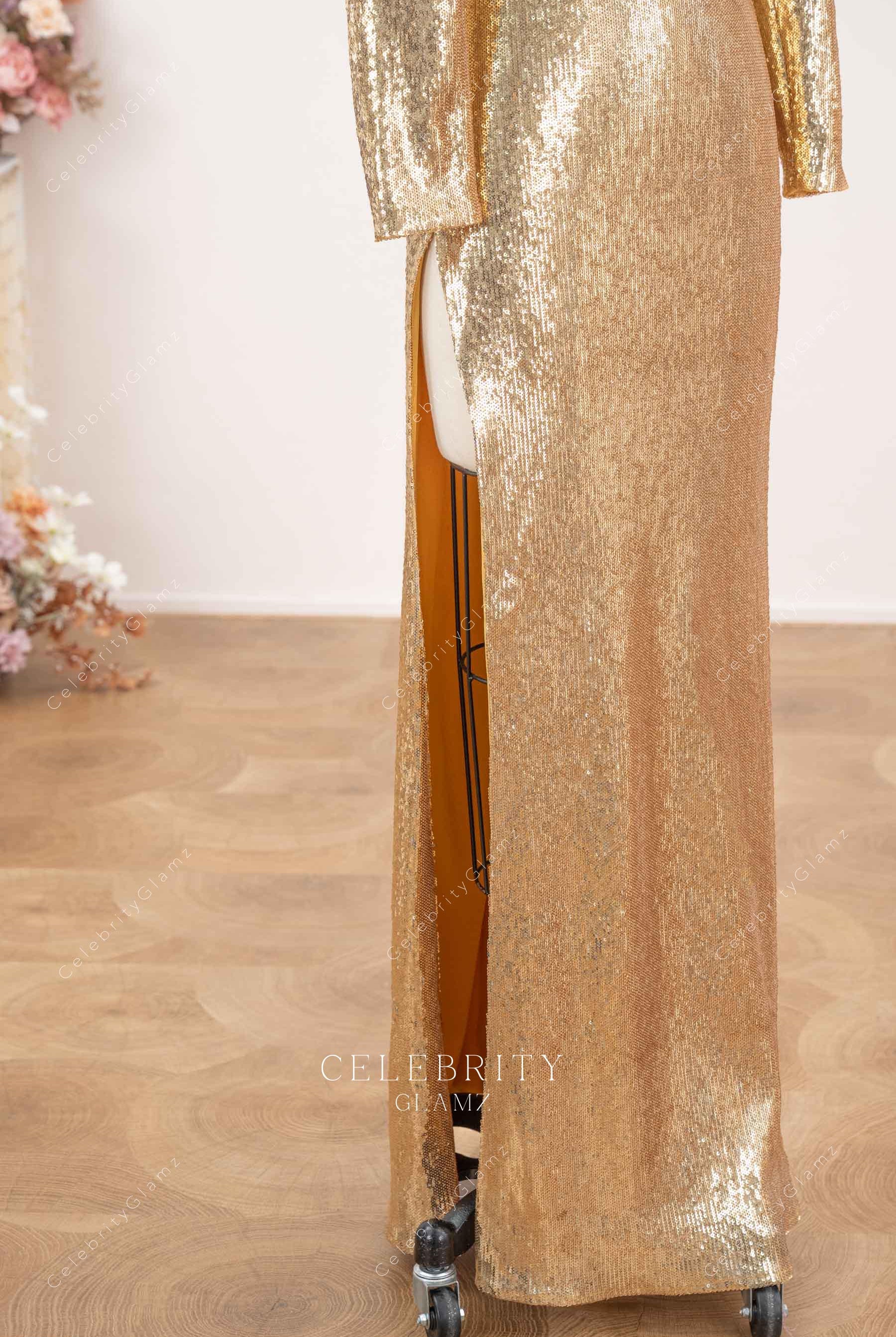gold sequin thigh split prom dress