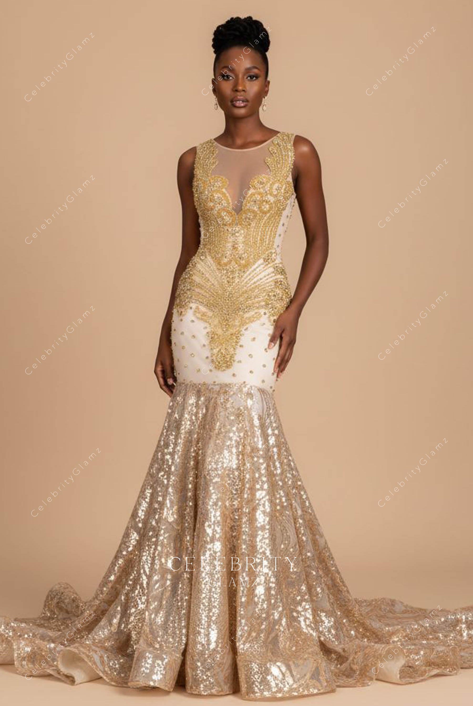 gold sequin trumpet prom dress