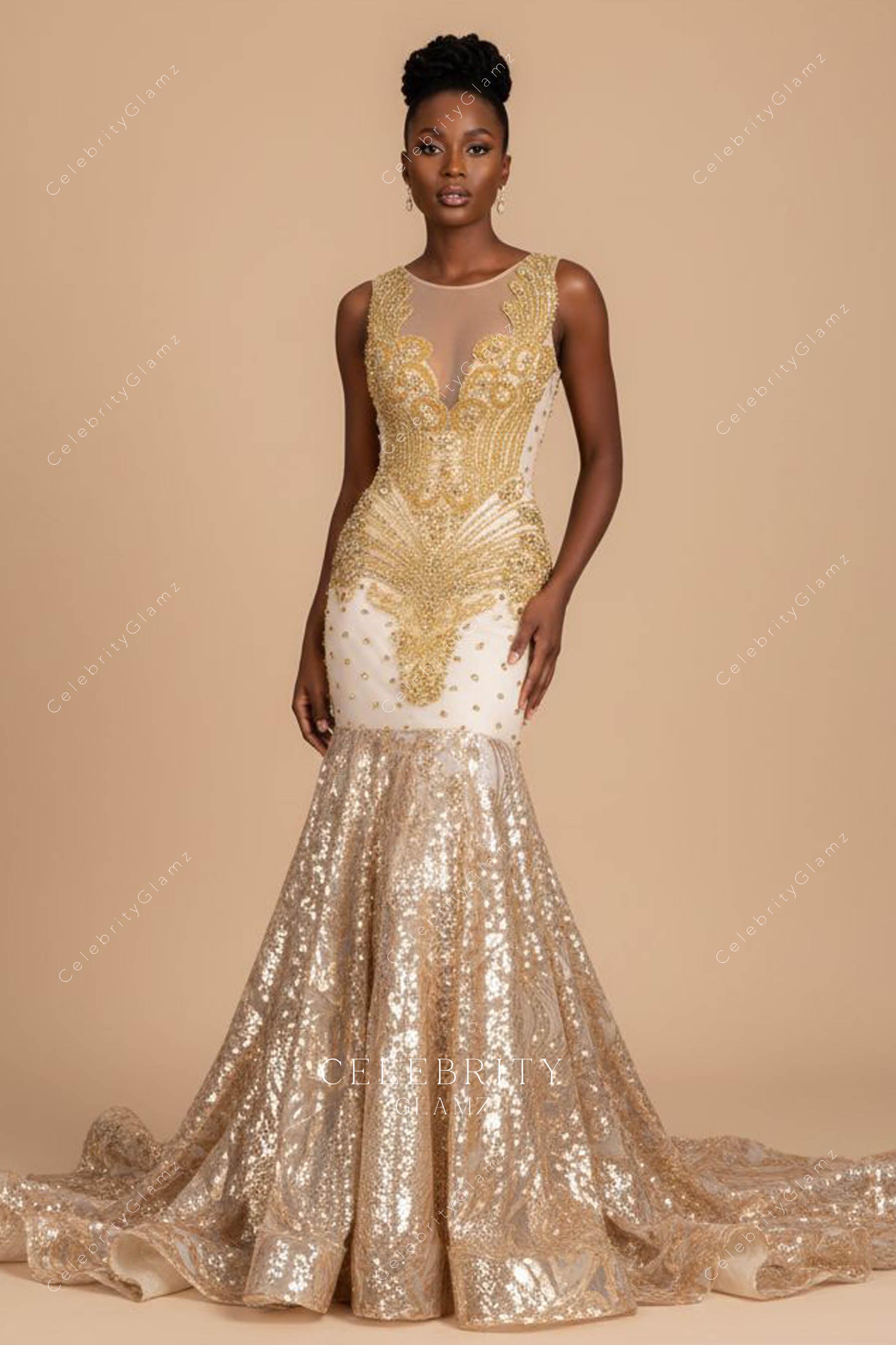 gold sequin trumpet prom dress