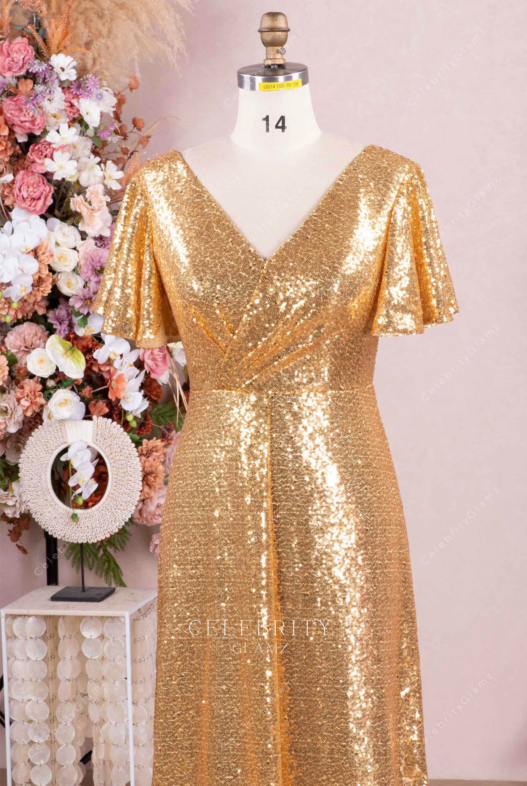 gold sequin v neck mother of bride dress