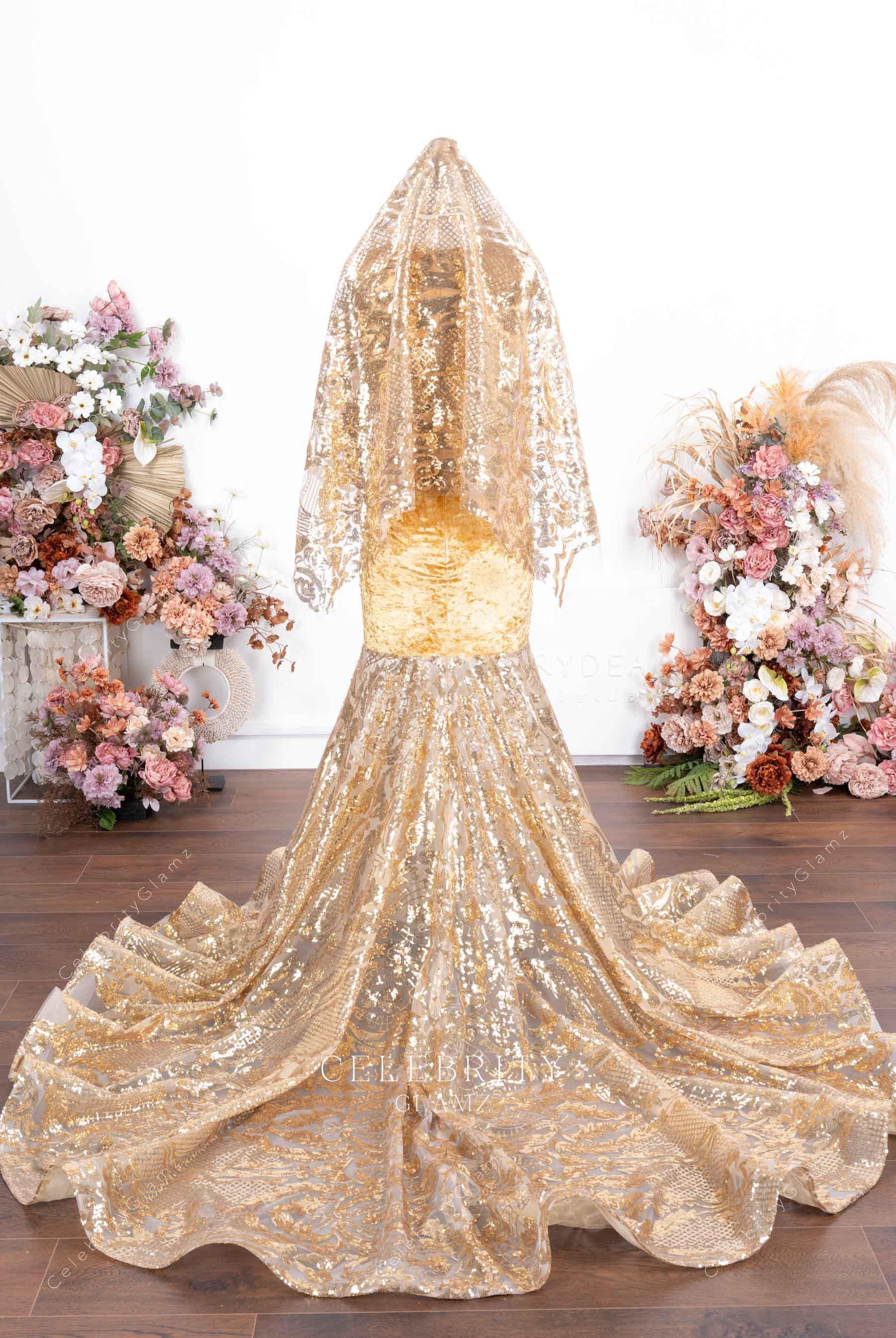 gold sequin veil mermaid prom dress