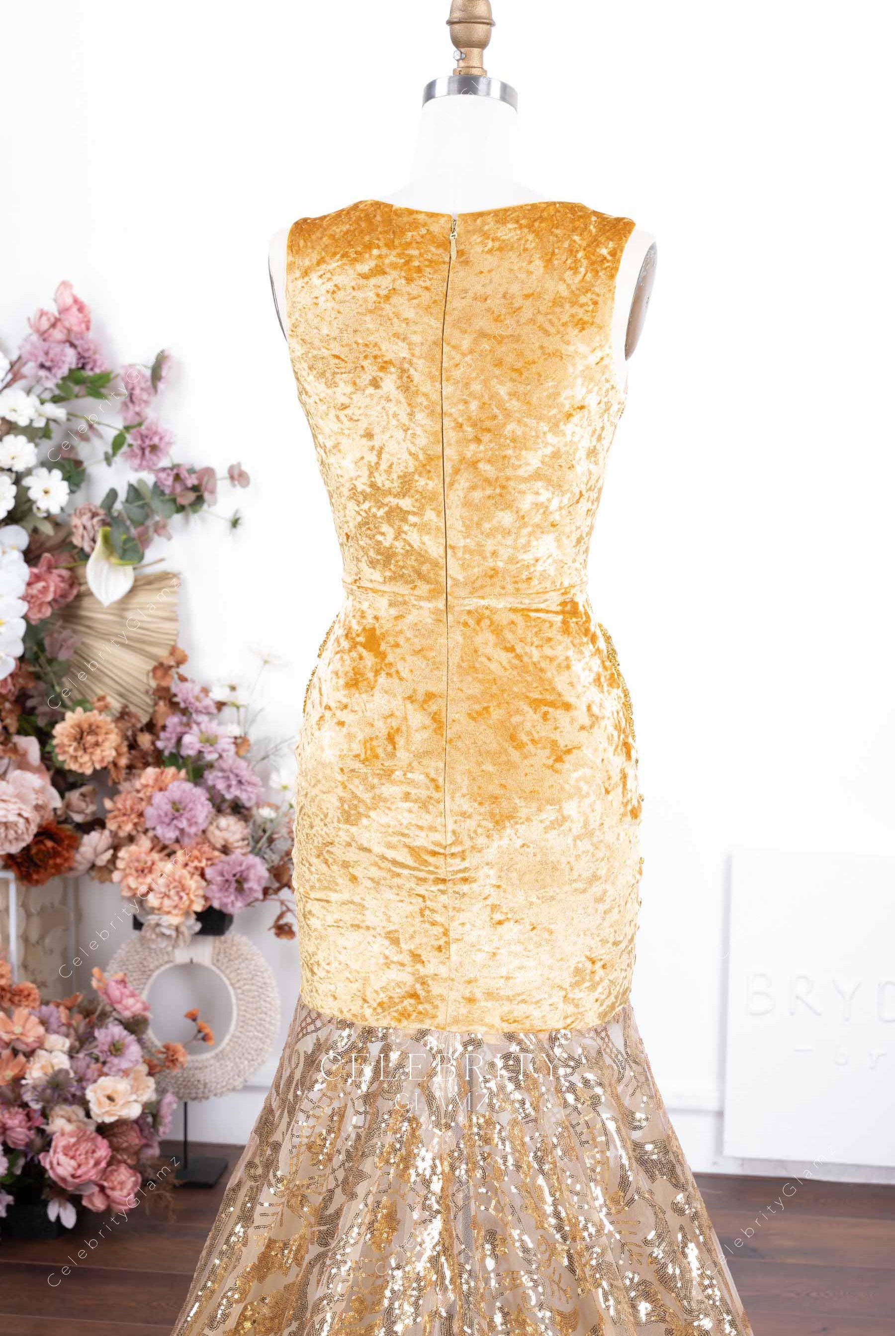 gold velvet back prom dress