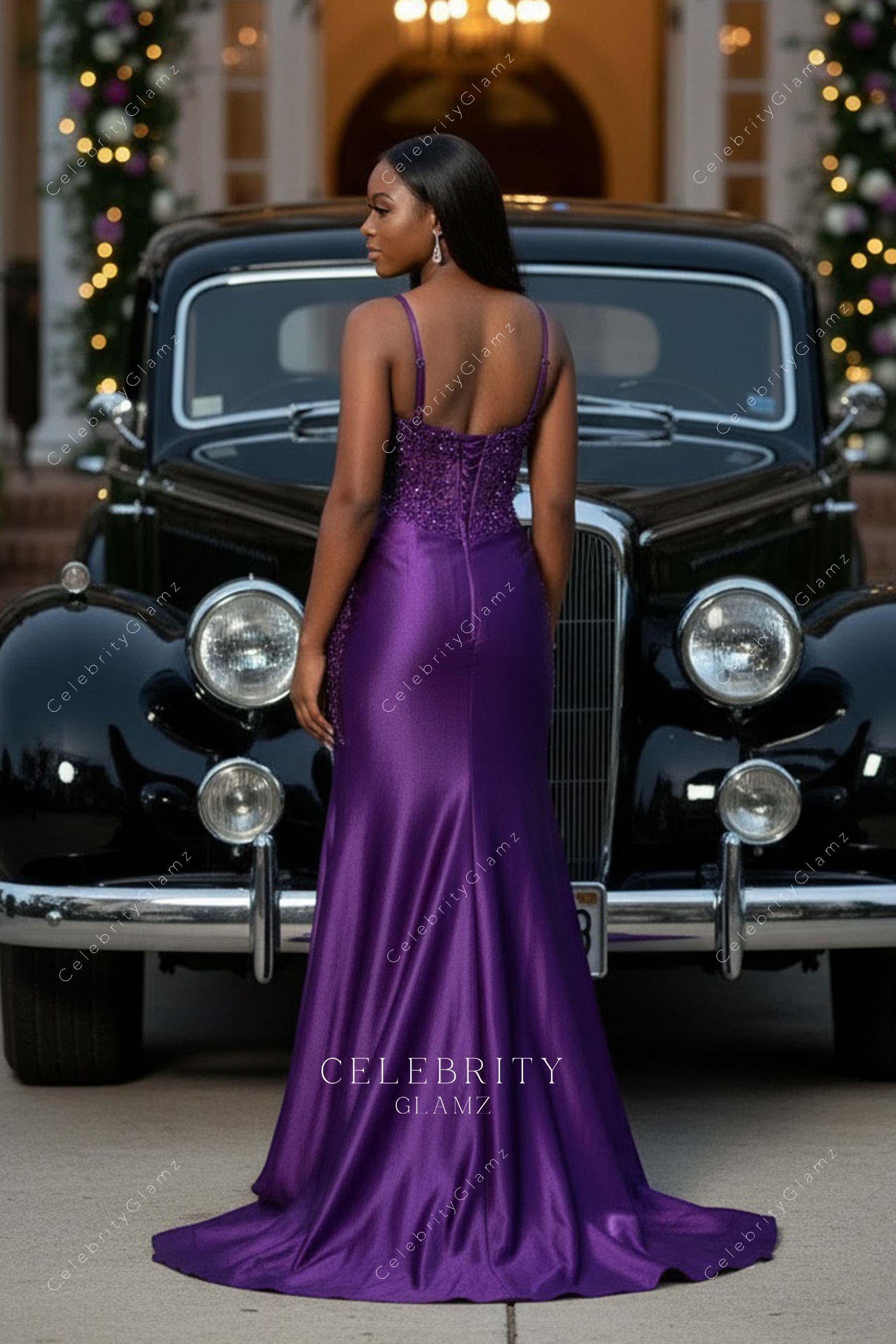 grape satin mermaid prom dress