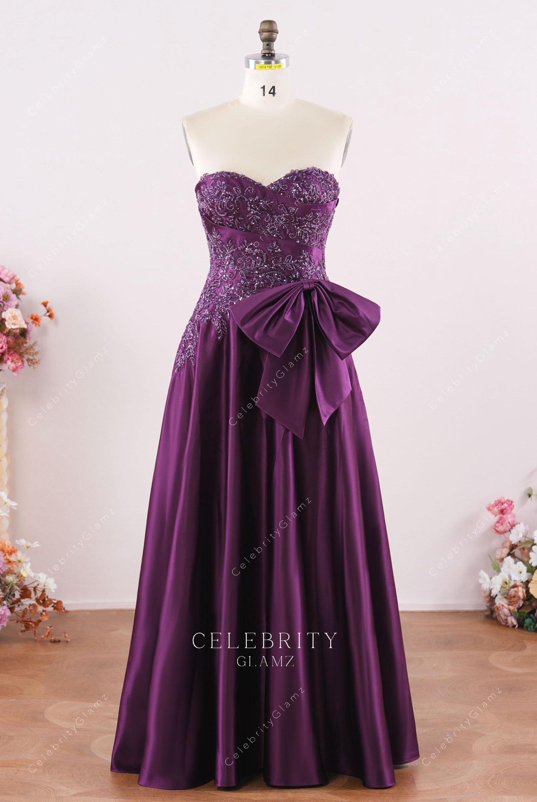 grape strapless mother of the bride dress