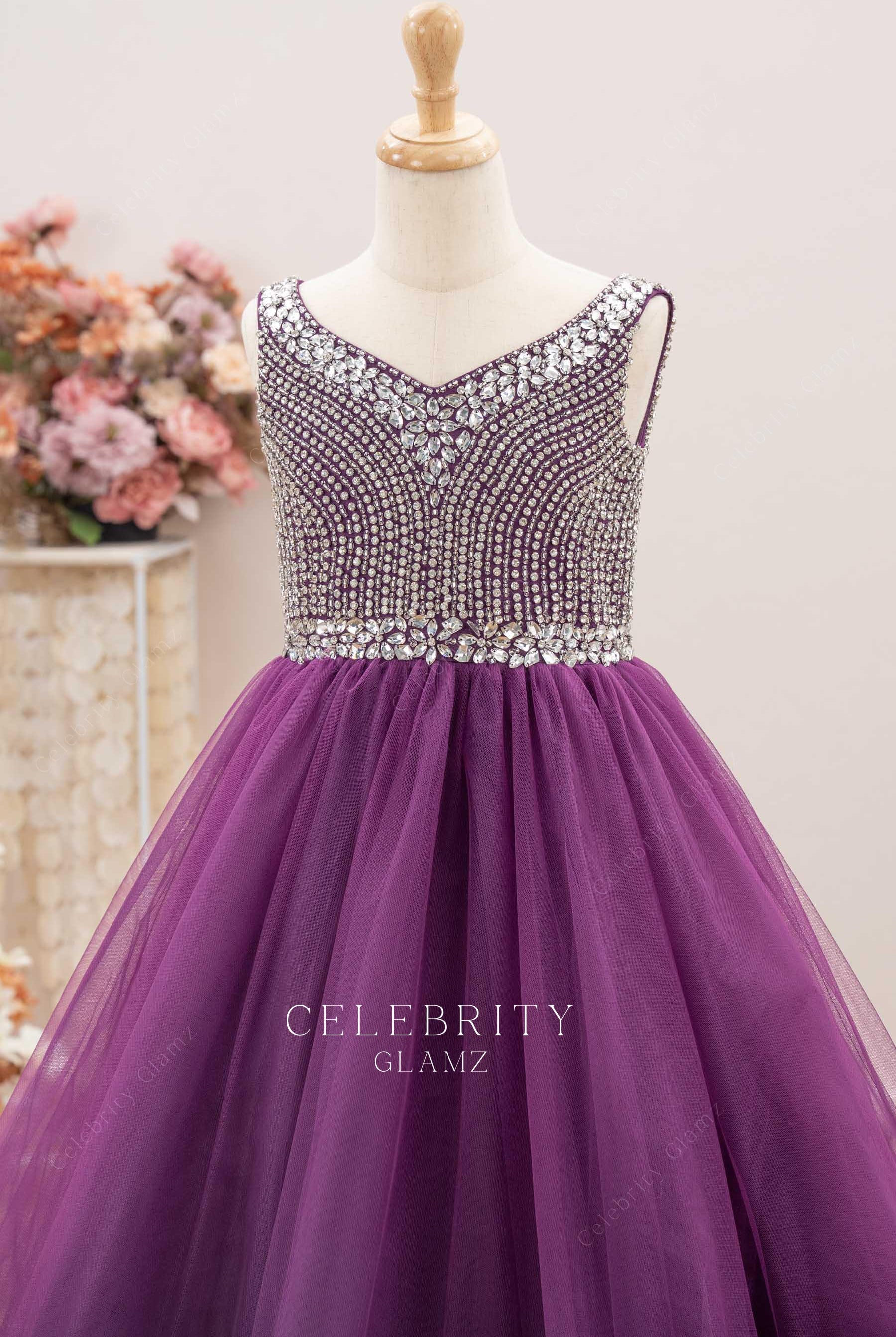 grape tulle a line kids pageant dress