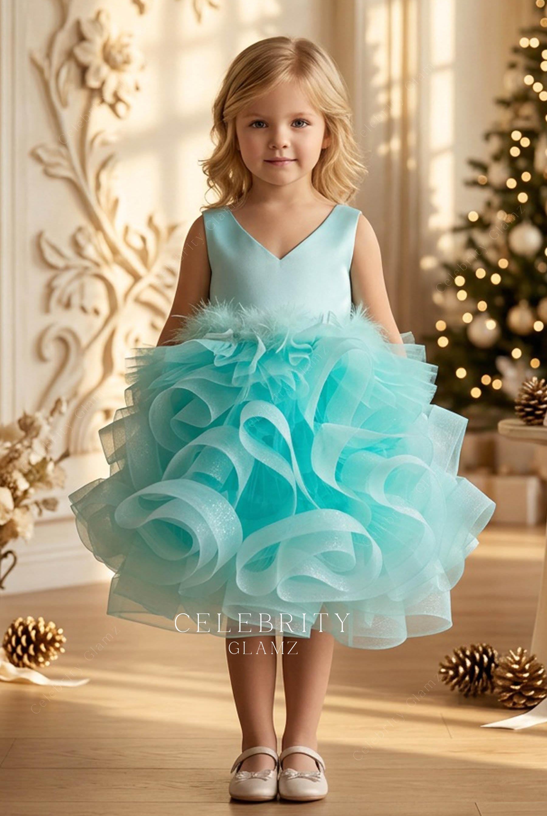 green ruffled tulle little girl dress