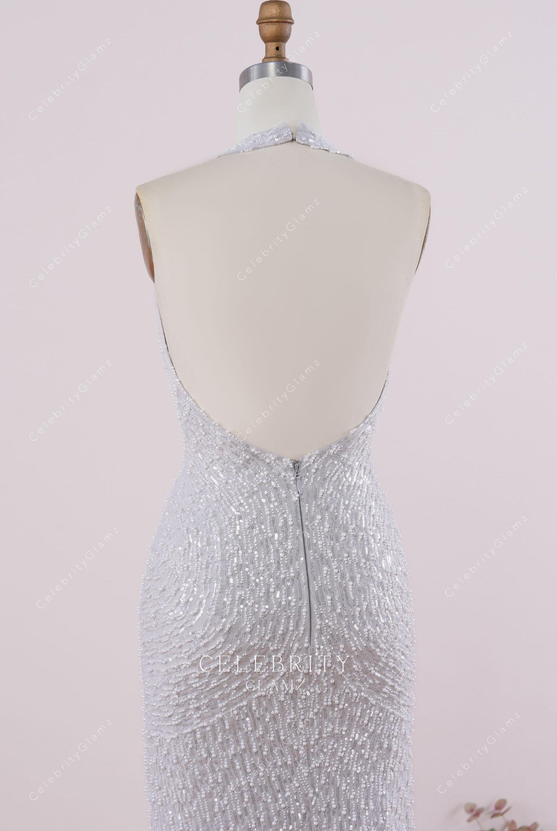 grey beading halter backless dress