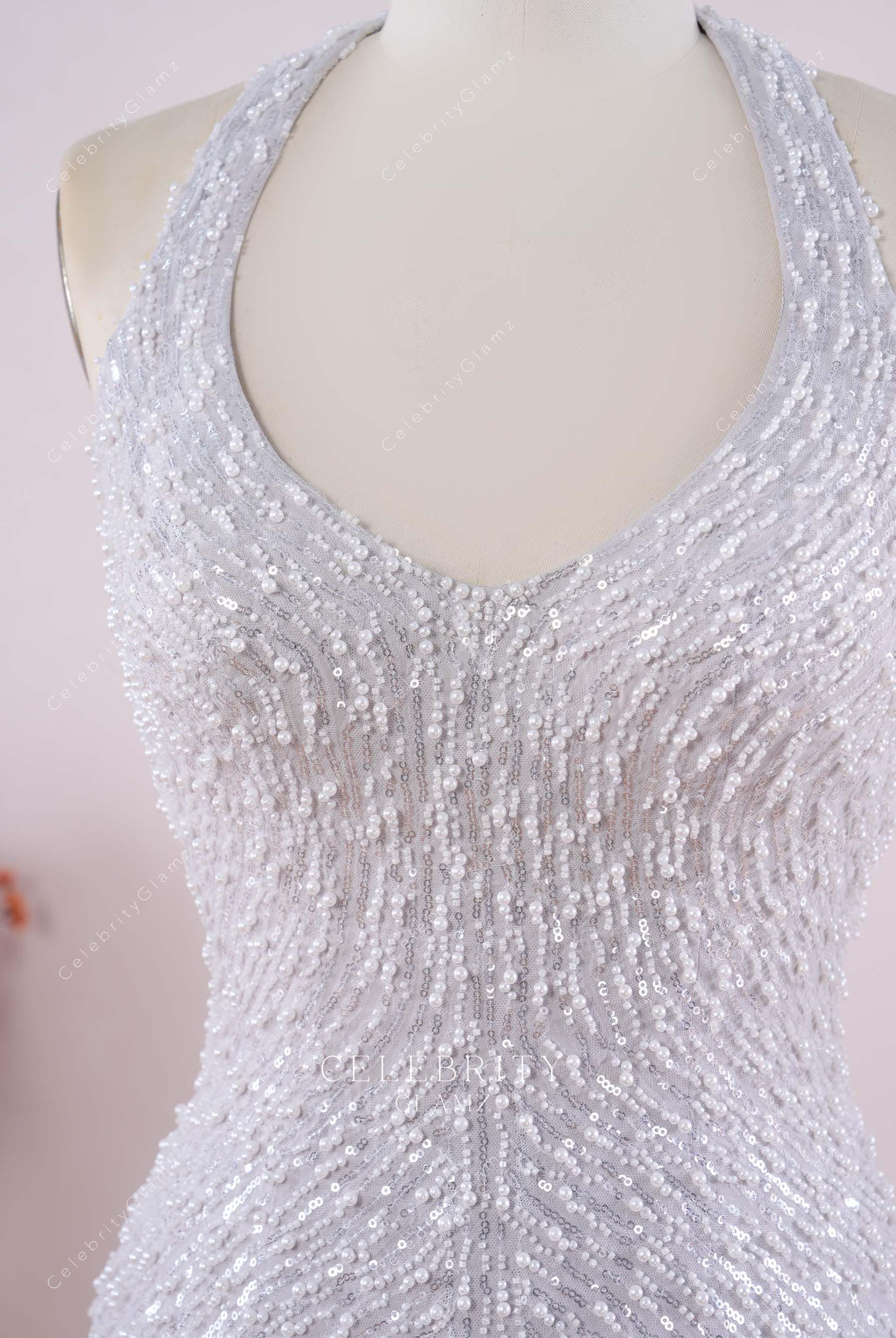 grey beading halter plunging prom dress
