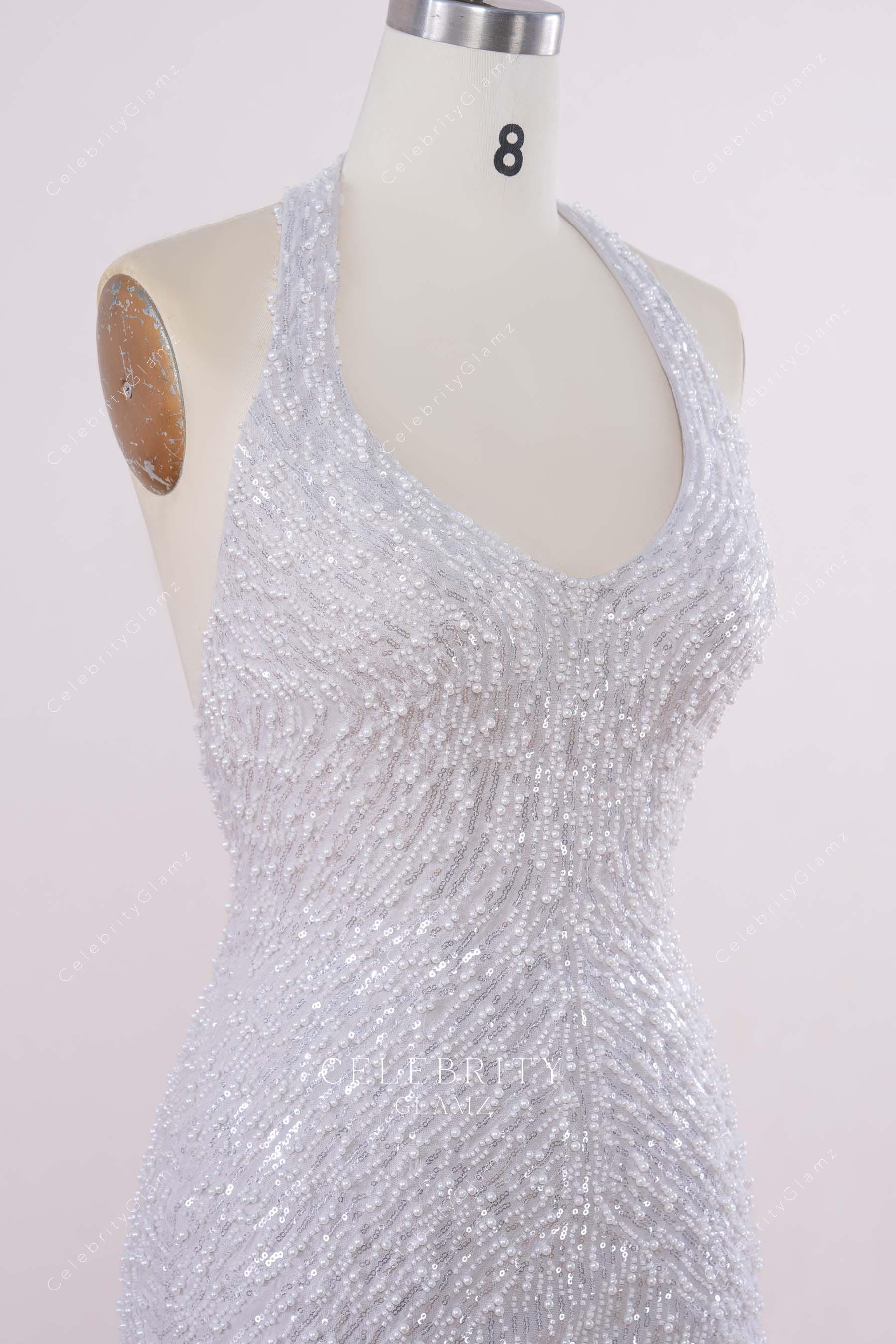 grey beading halter prom dress
