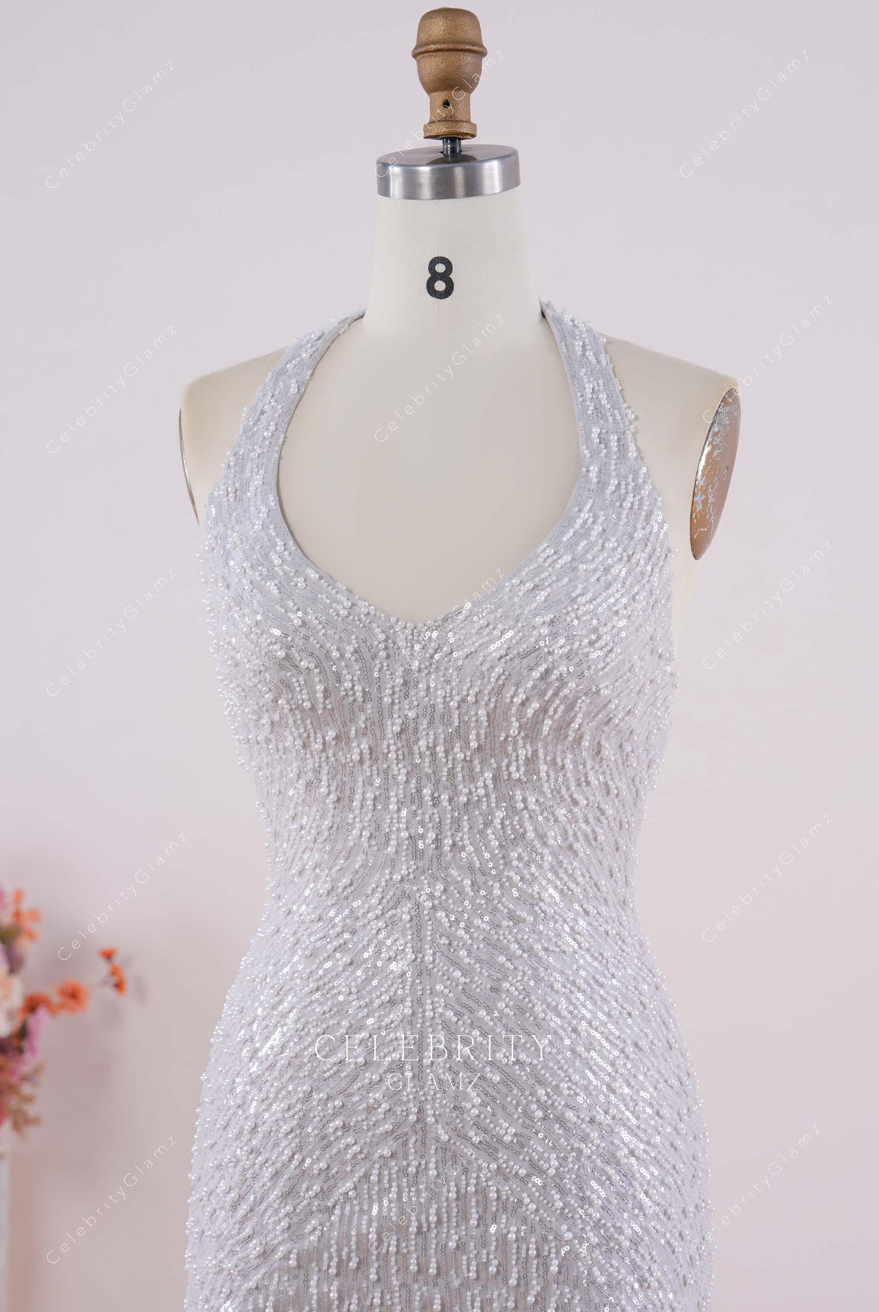 grey glitter halter plunging prom dress