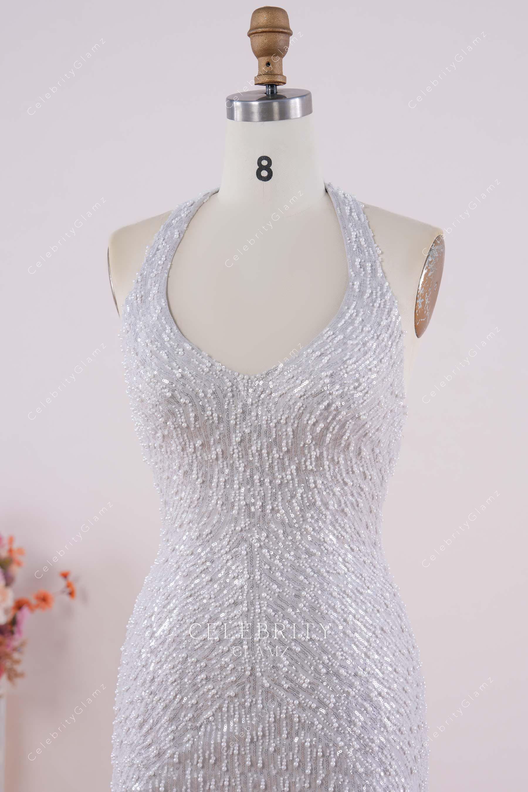 grey glitter halter plunging prom dress