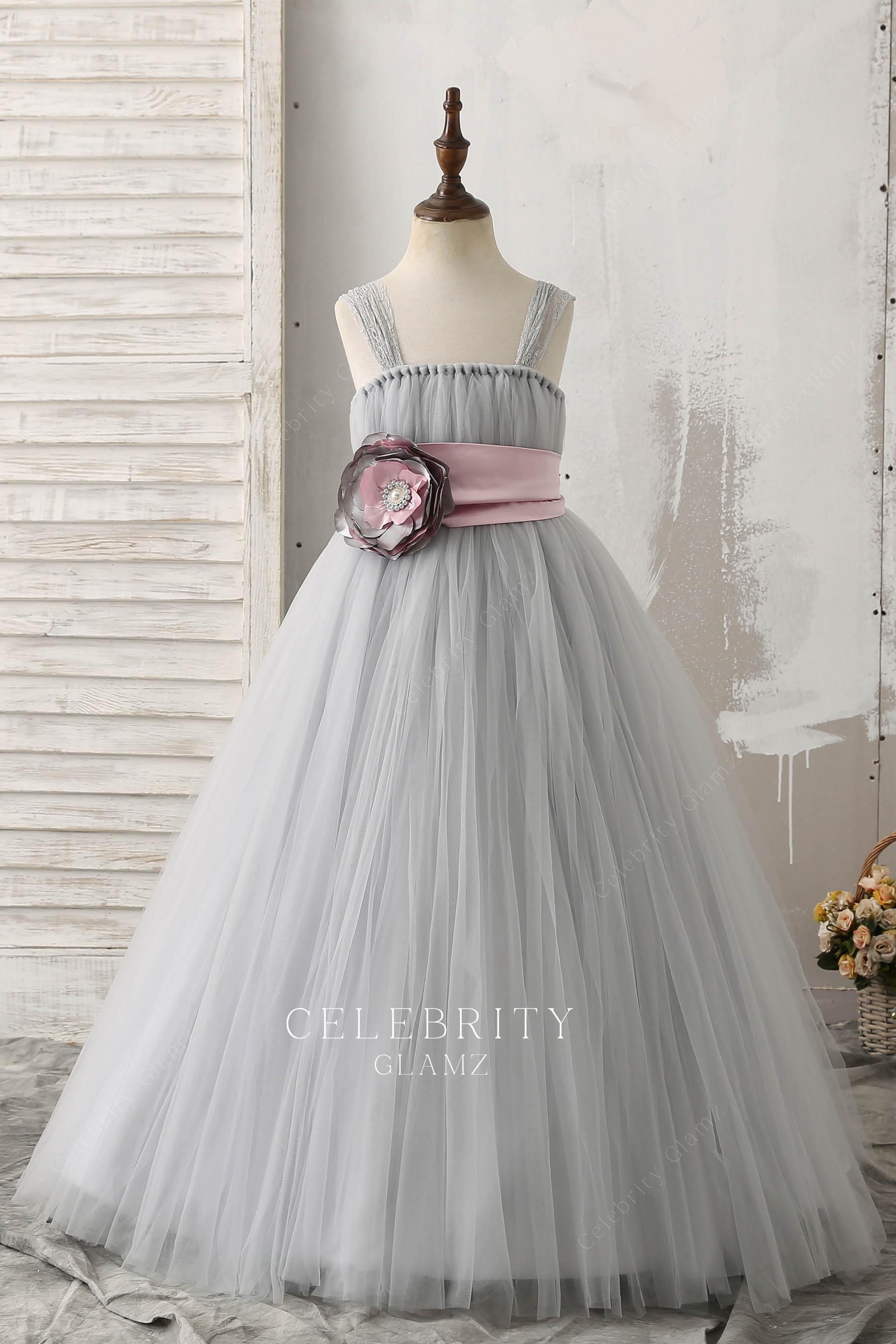 grey tulle 3d floral flower girl dress