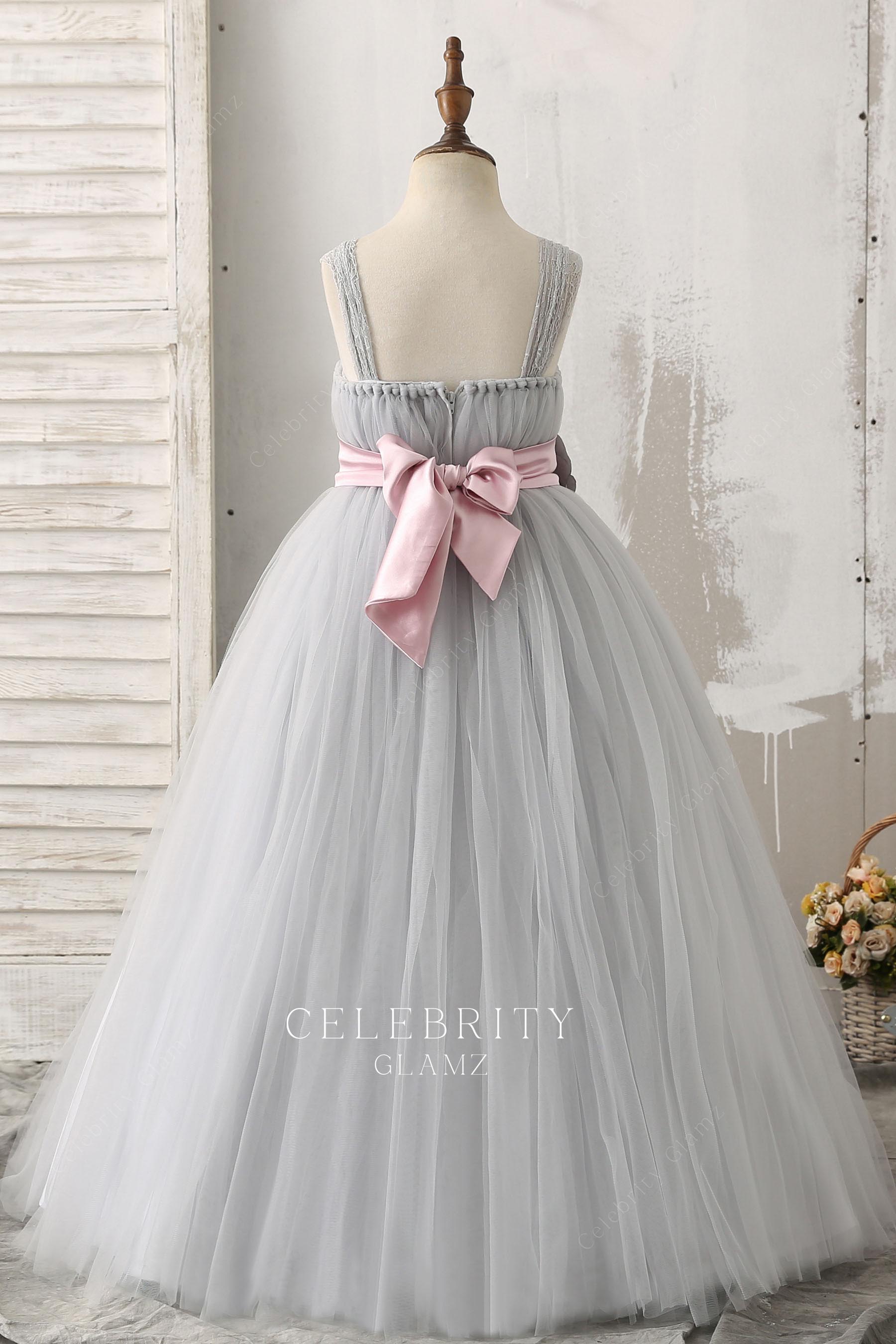 grey tulle floor length flower girl dress