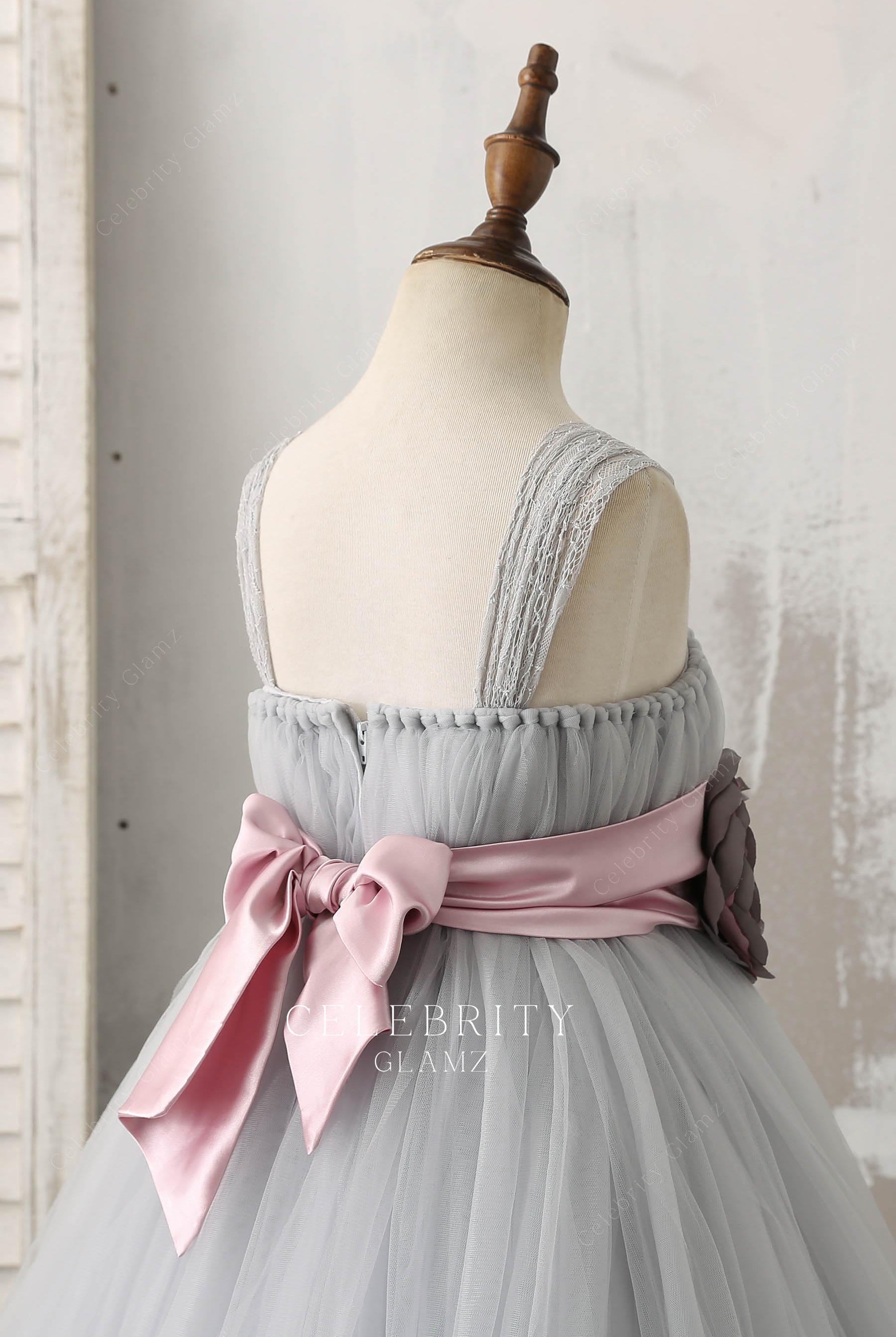 grey tulle open back flower girl dress