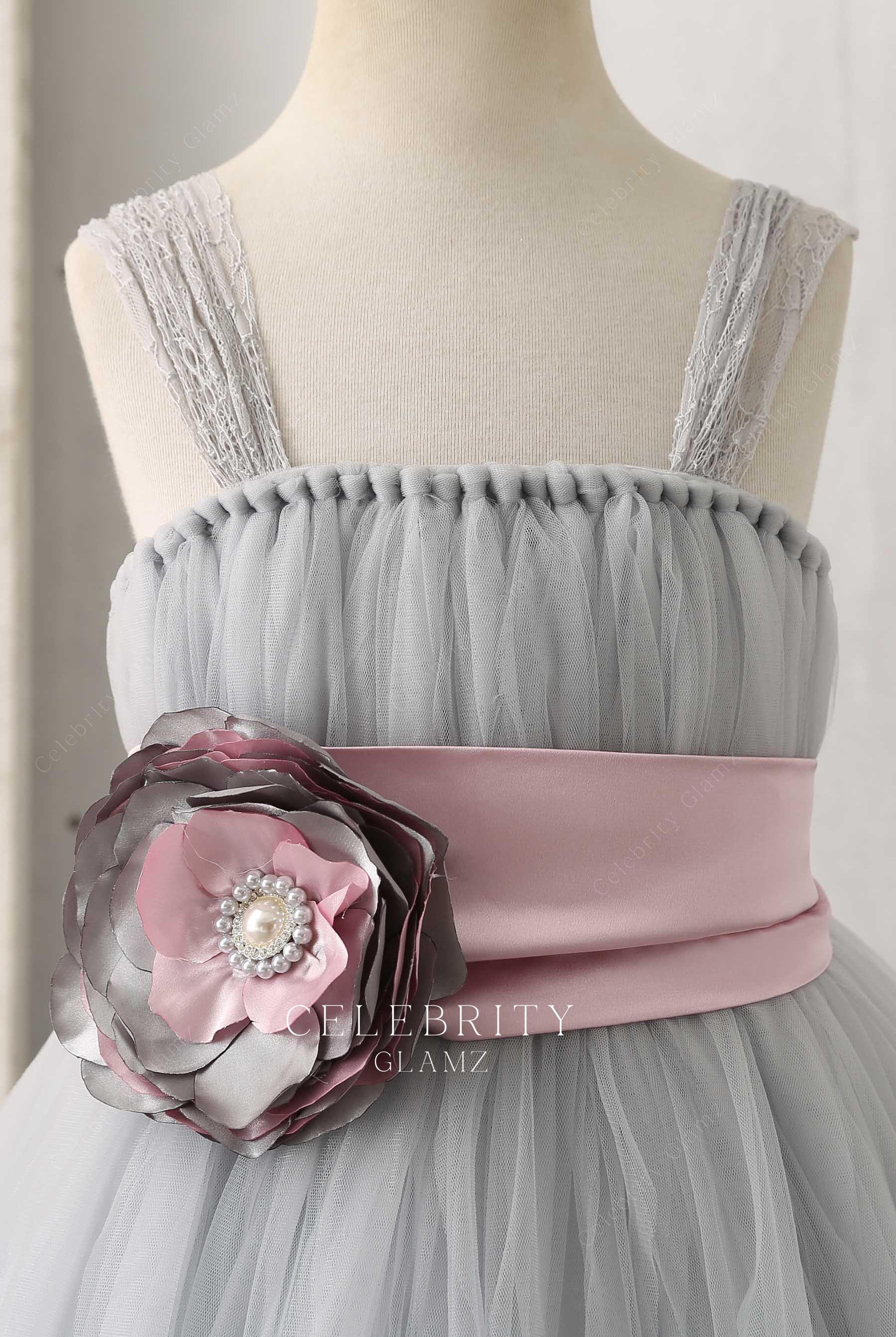 grey tulle square neck flower girl dress