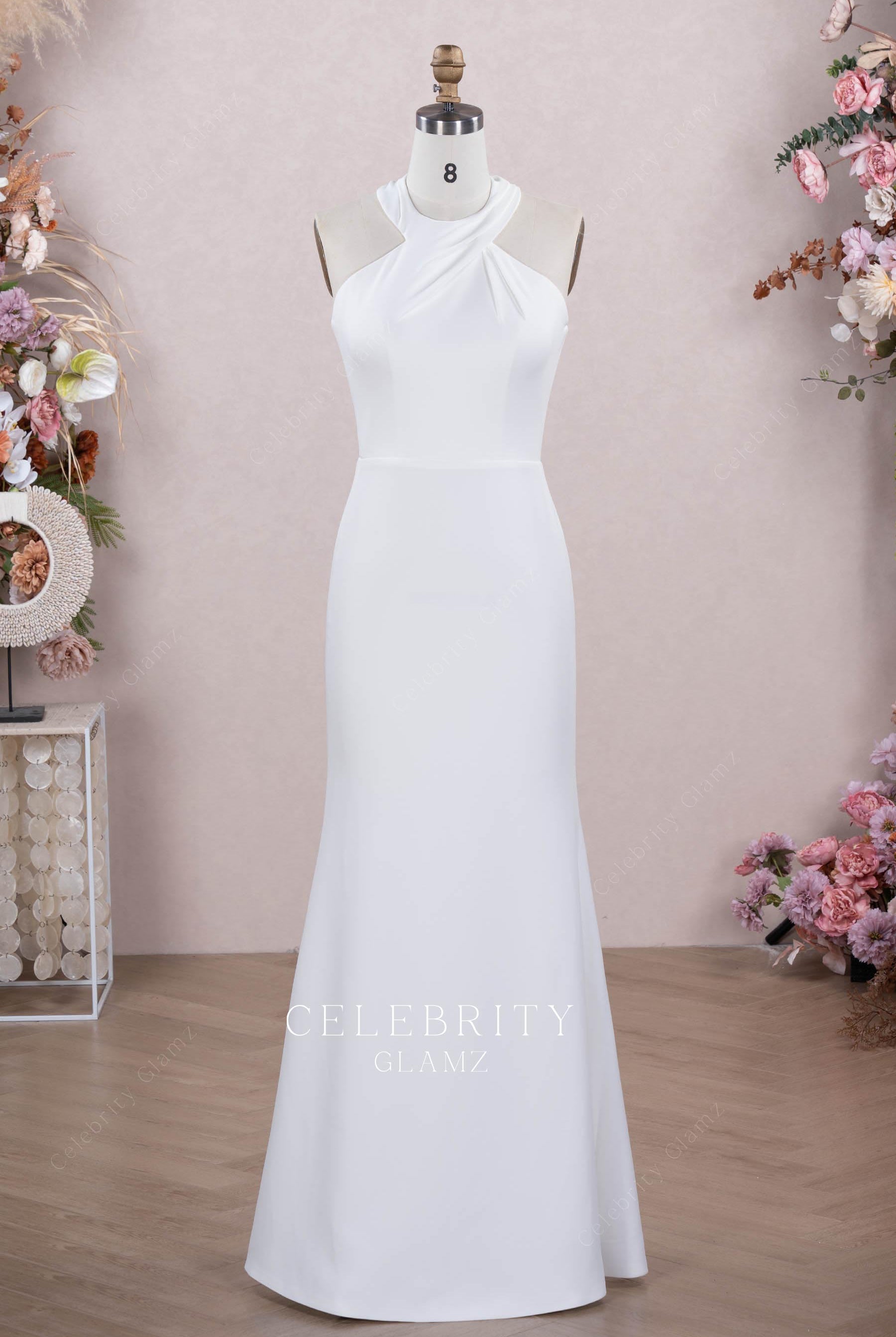 halter crepe simple wedding dress