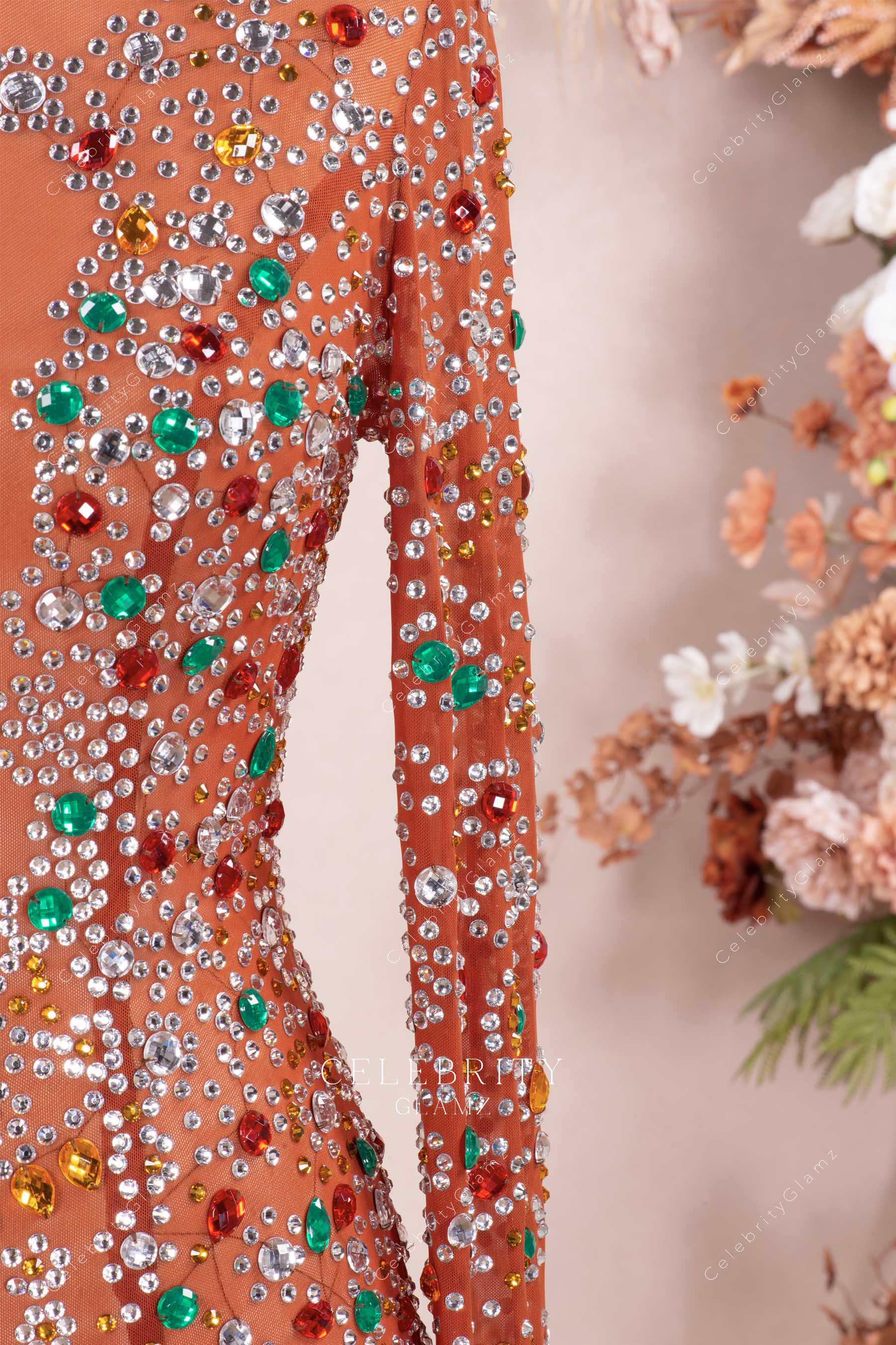 hand sewn rhinestones tan formal dress